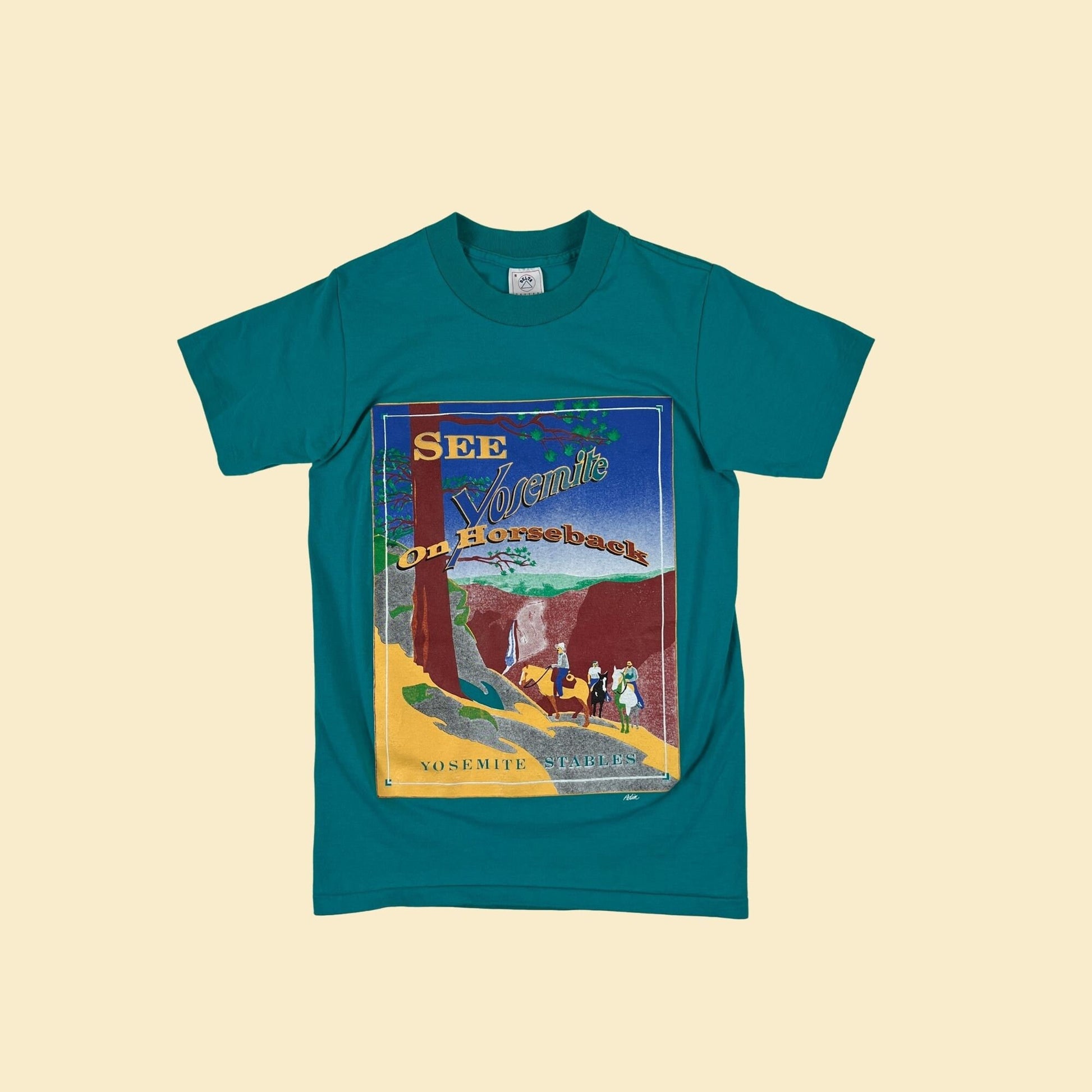 1990s S Yosemite t-shirt by Delta, vintage single stitch teal 'See Yosemite on Horseback' tee