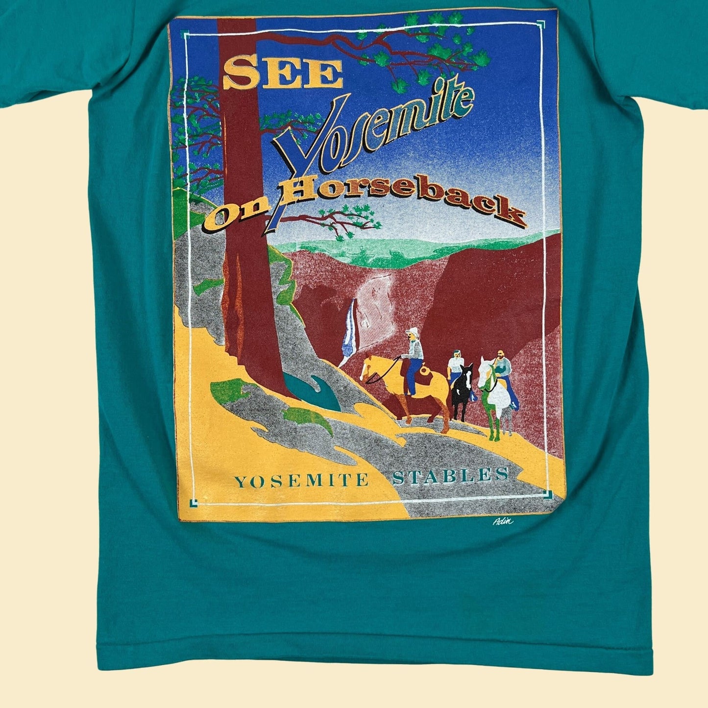 1990s S Yosemite t-shirt by Delta, vintage single stitch teal 'See Yosemite on Horseback' tee