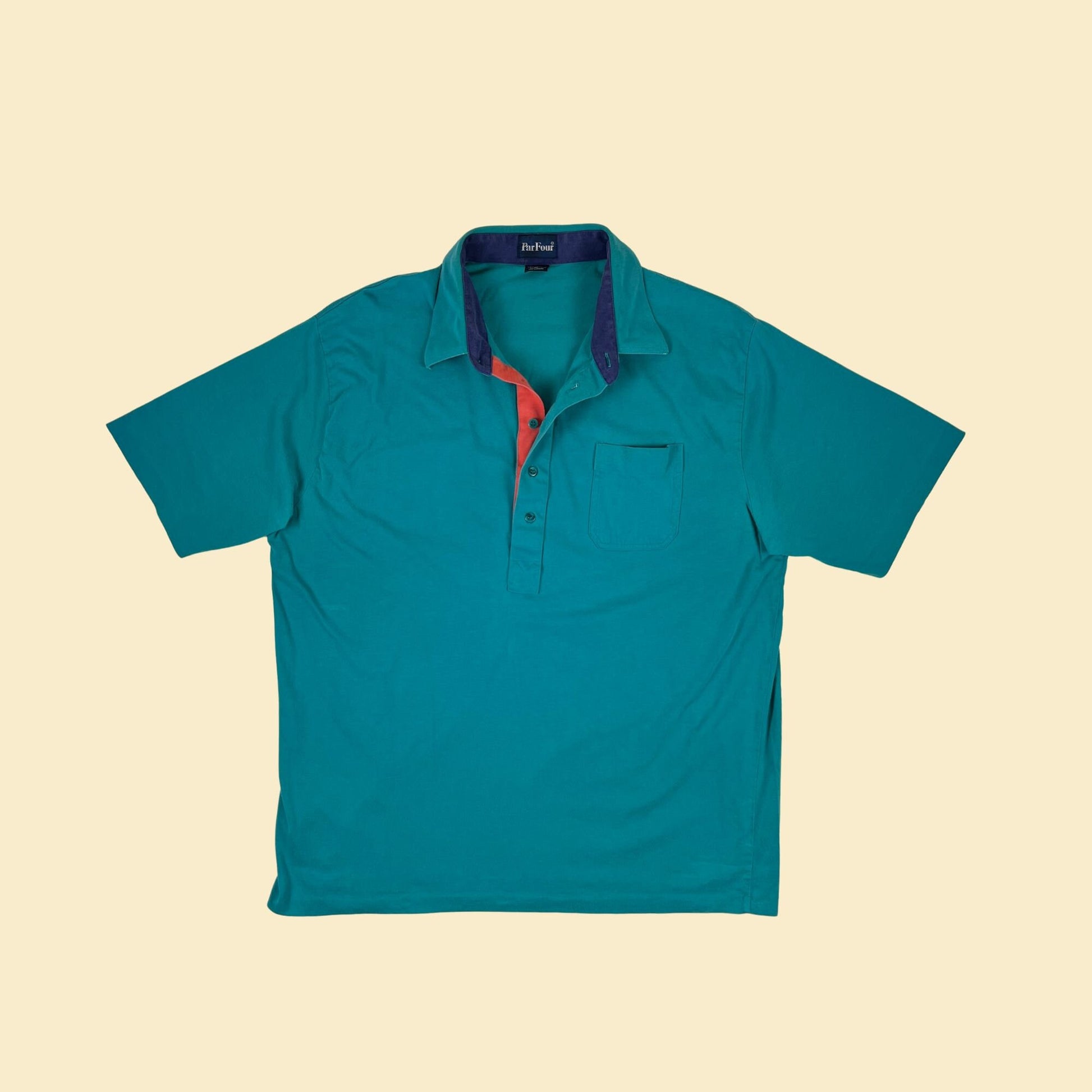 90s XL teal polo shirt by Par Four, vintage teal/pink/purple 5 button polo men's shirt