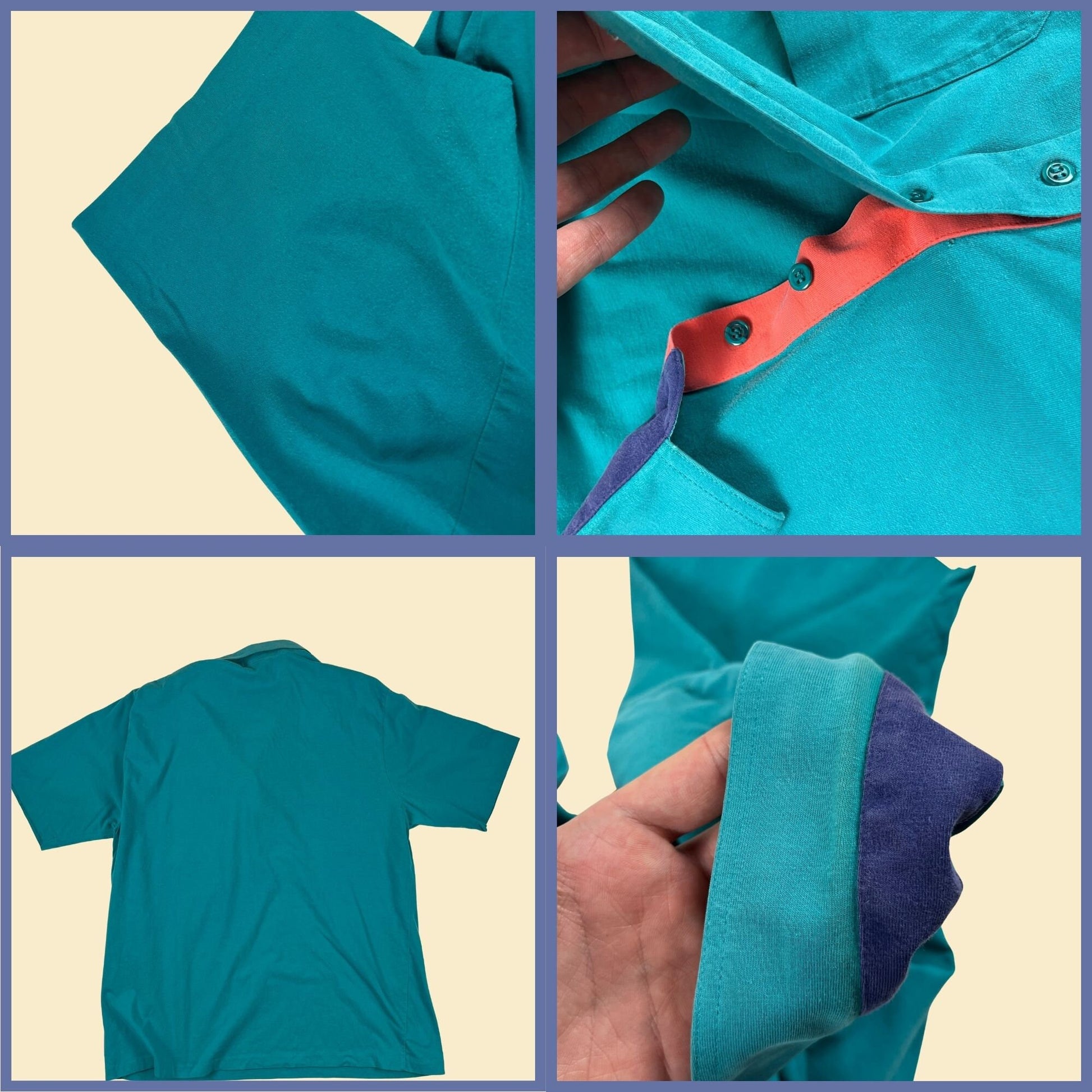 90s XL teal polo shirt by Par Four, vintage teal/pink/purple 5 button polo men's shirt