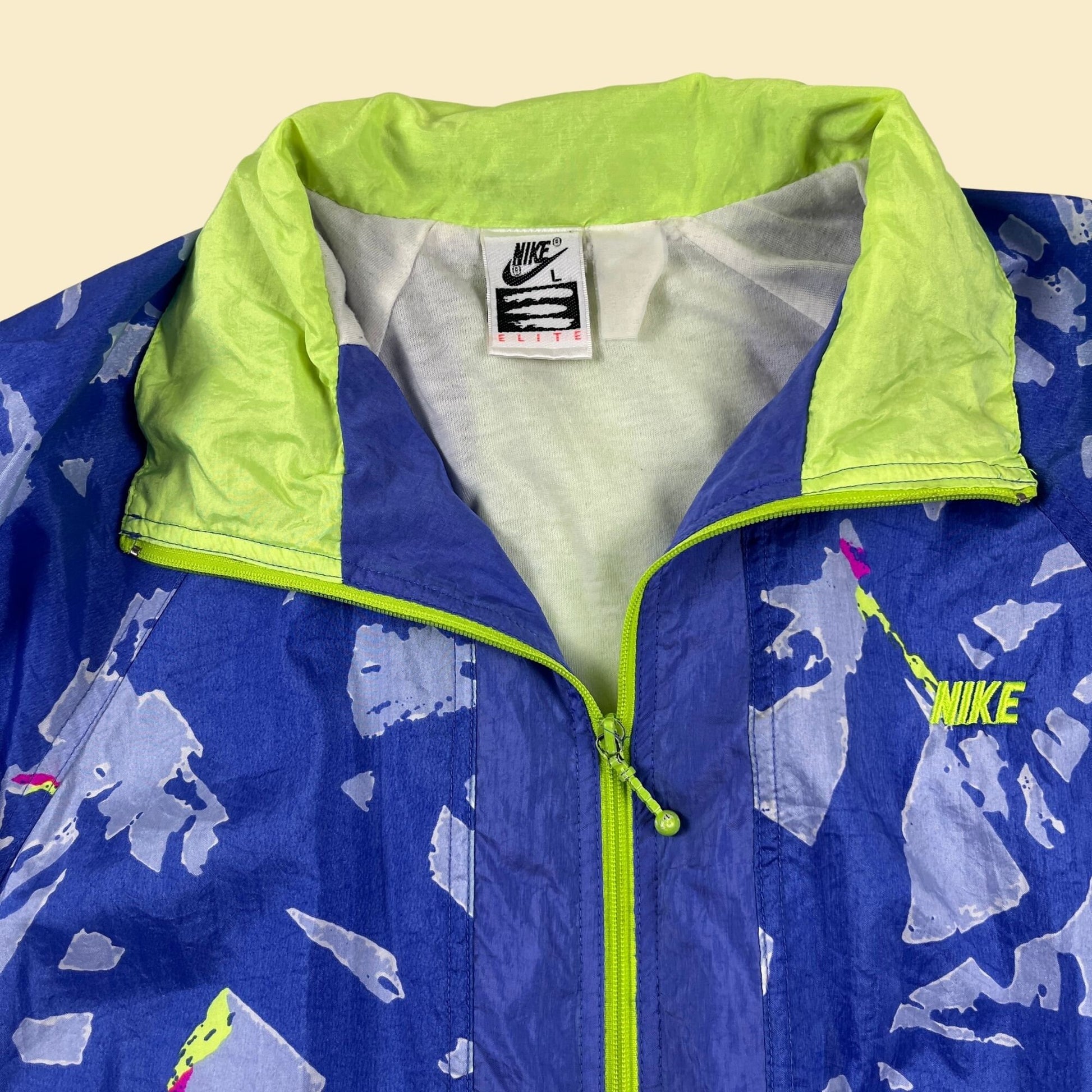 90s Nike Elite L windbreaker jacket, vintage blue & neon yellow zip up track jacket