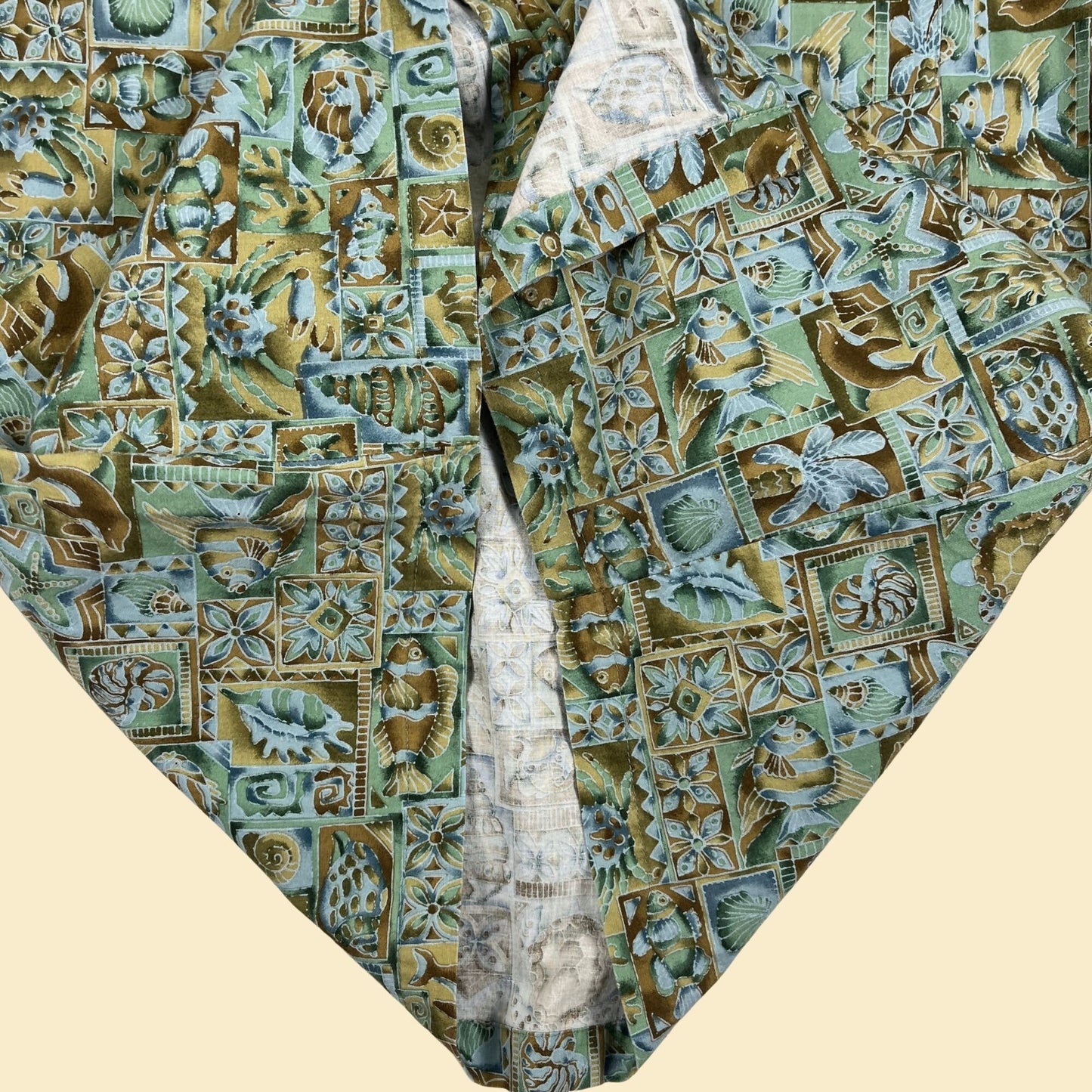 1980s L fish/tropical patterned shirt, men's 80s vintage green/blue button down beach top