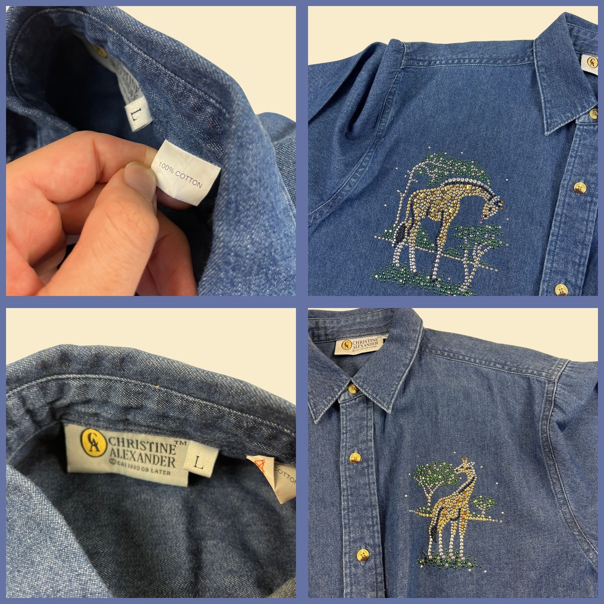 90s L denim giraffe blouse w by Christine Alexander, vintage 1990s women's chambray button down shirt