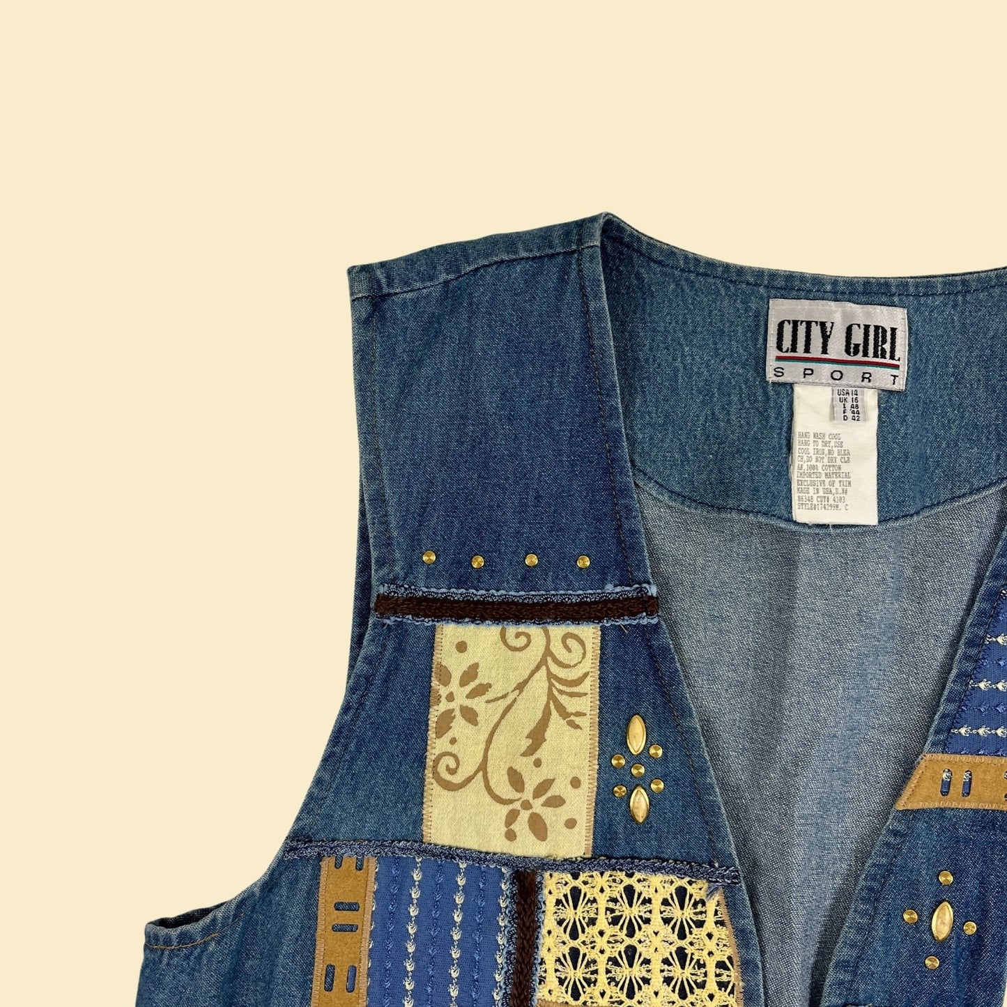 80s/90s denim patchwork vest, size 14 vintage women's open quilt-style vest by City Girl Sport