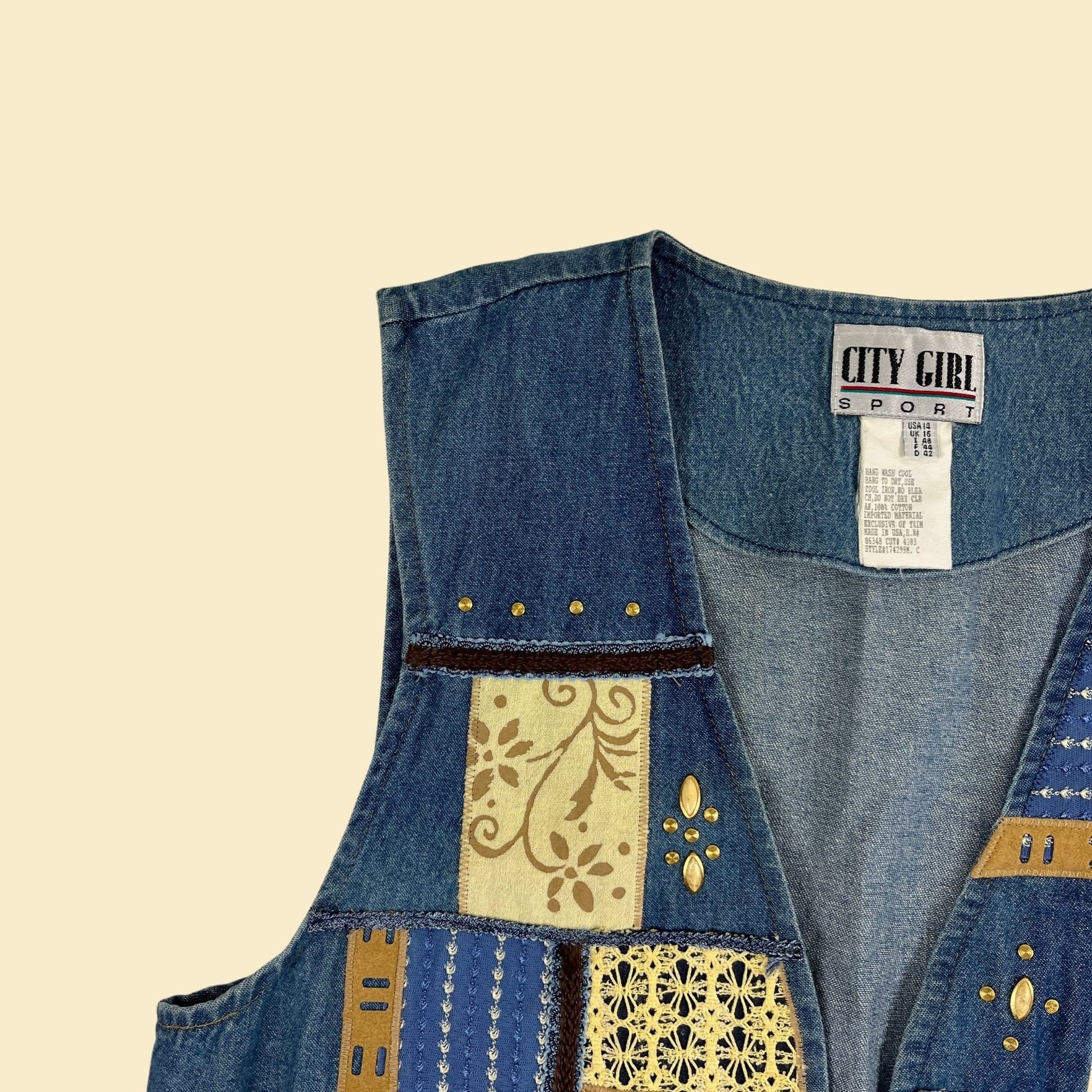 80s/90s denim patchwork vest, size 14 vintage women's open quilt-style vest by City Girl Sport