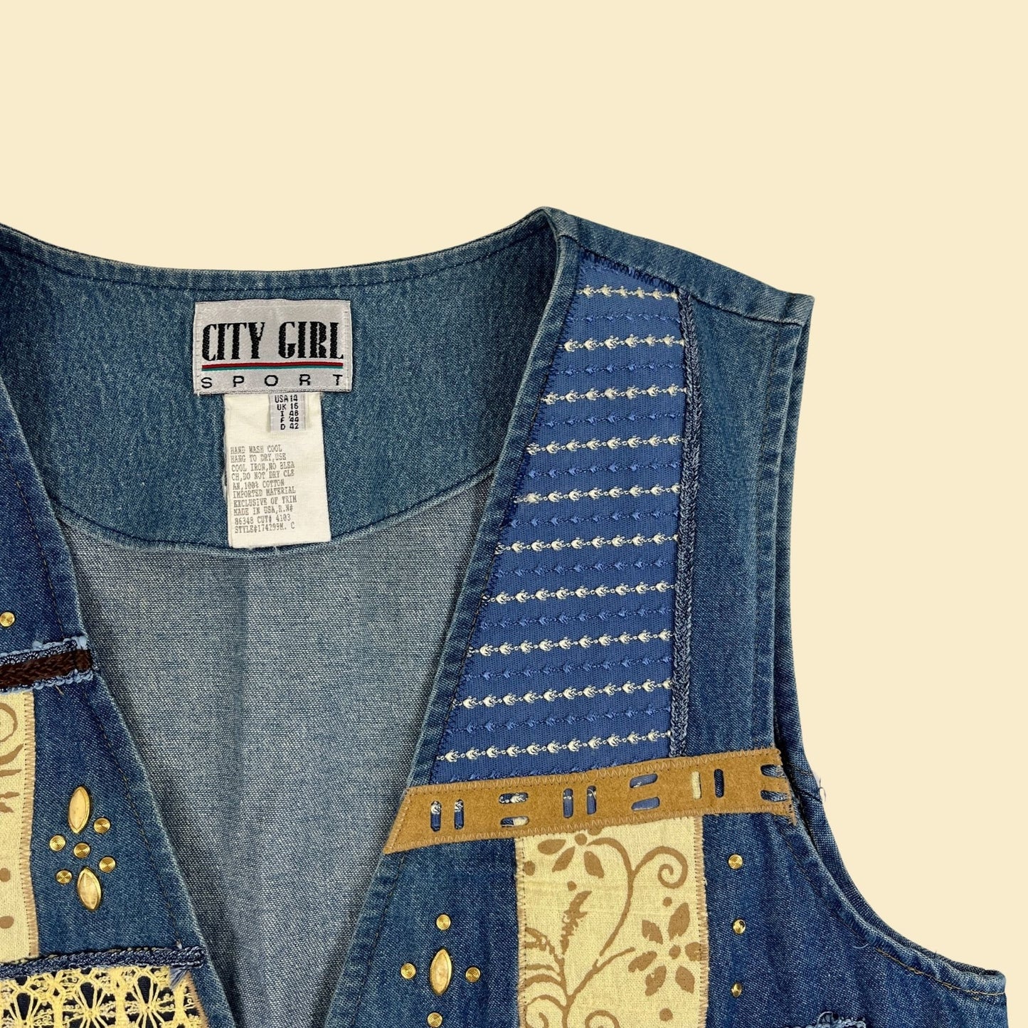 80s/90s denim patchwork vest, size 14 vintage women's open quilt-style vest by City Girl Sport