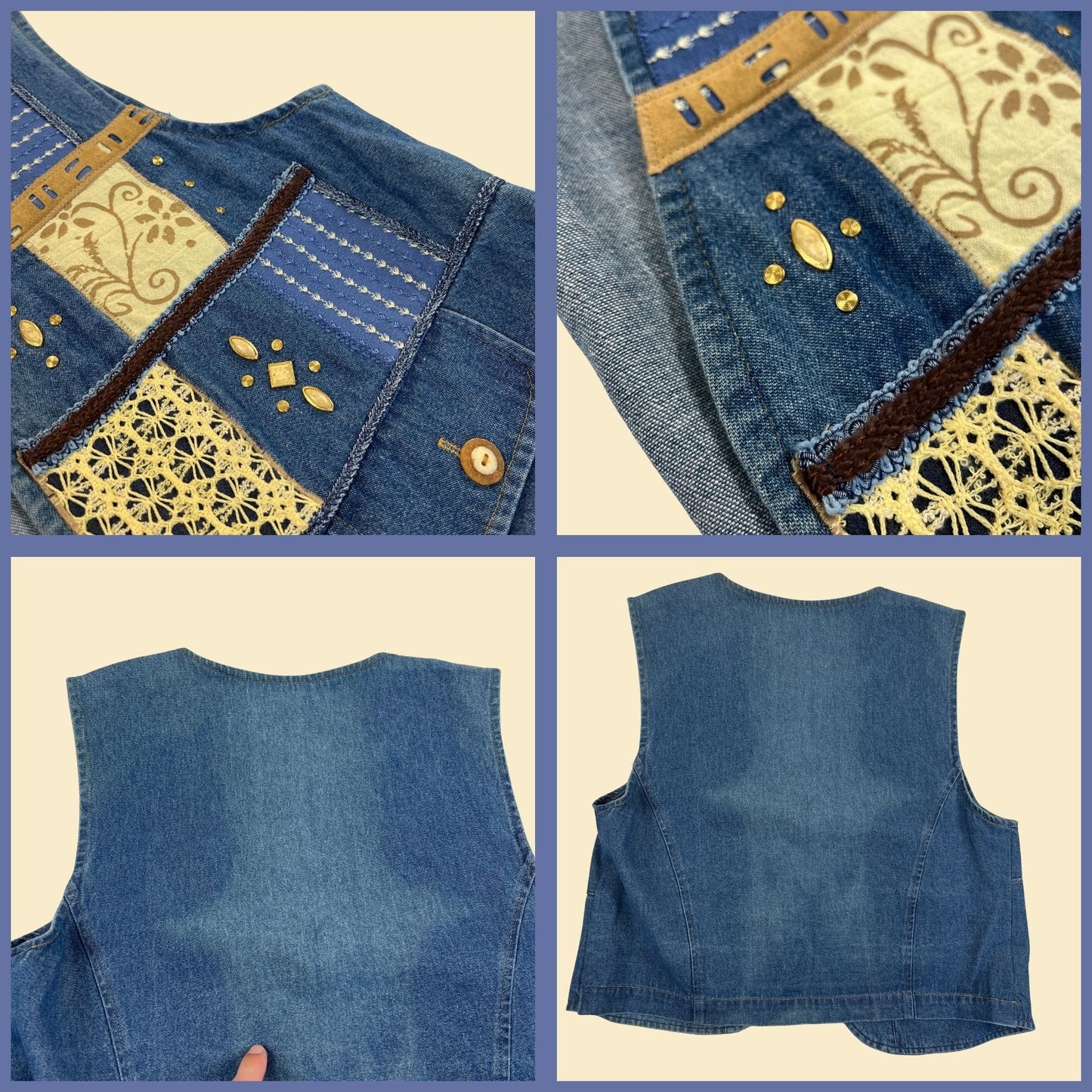 80s/90s denim patchwork vest, size 14 vintage women's open quilt-style vest by City Girl Sport