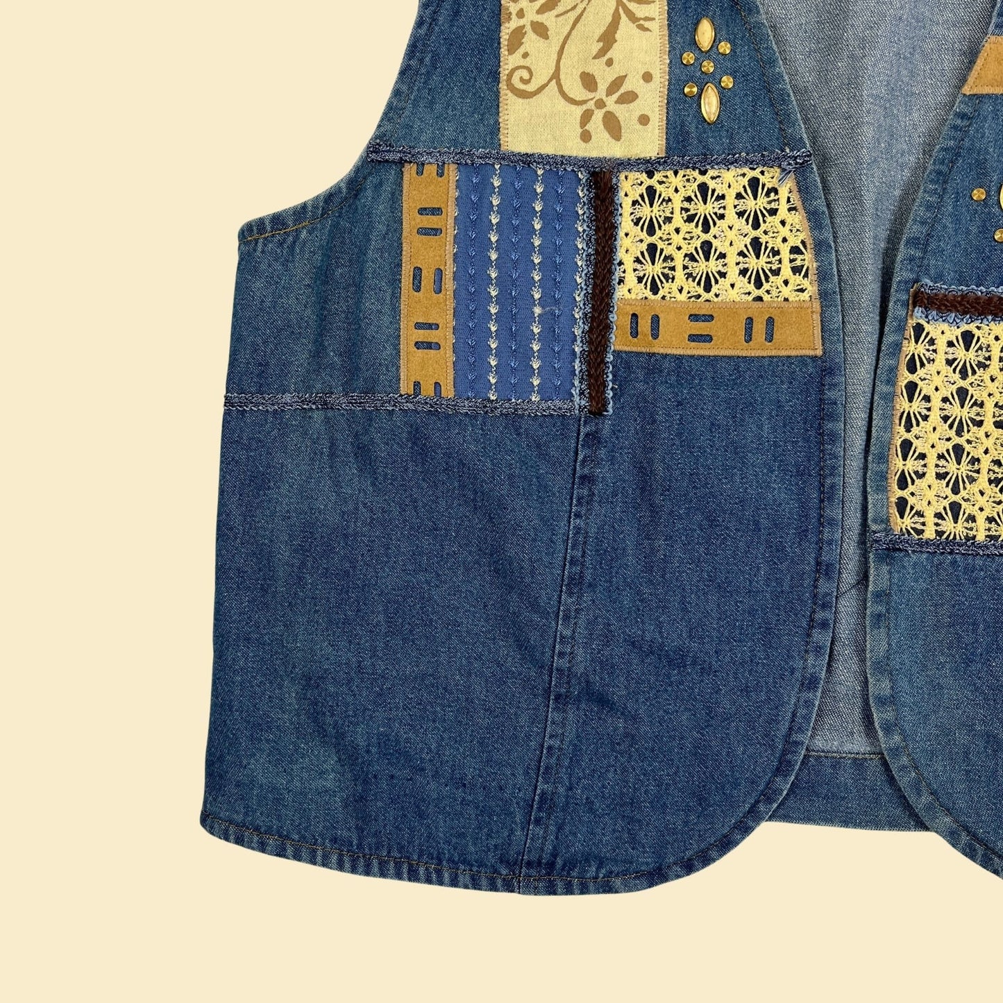 80s/90s denim patchwork vest, size 14 vintage women's open quilt-style vest by City Girl Sport