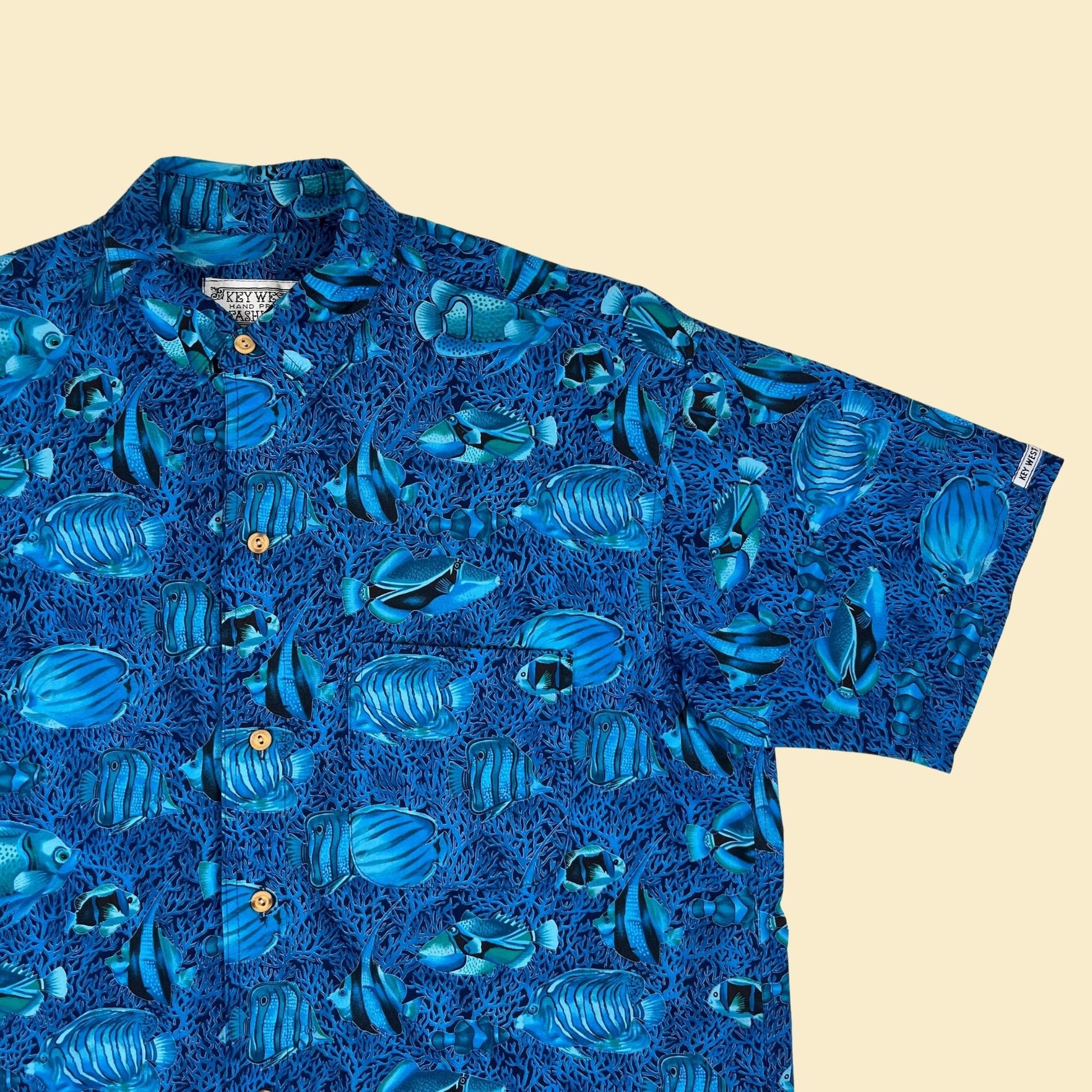 1980s L fish shirt by Key West Handprint Fashions, vintage 80s blue fish & coral patterned shirt