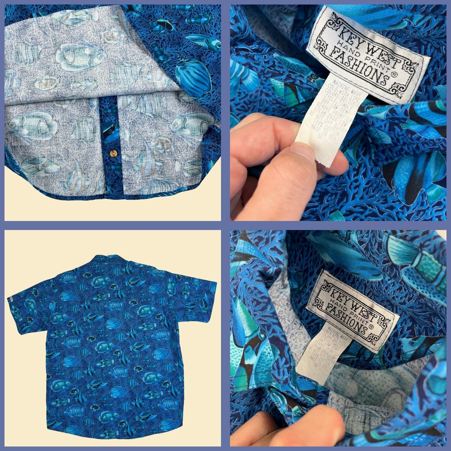 1980s L fish shirt by Key West Handprint Fashions, vintage 80s blue fish & coral patterned shirt