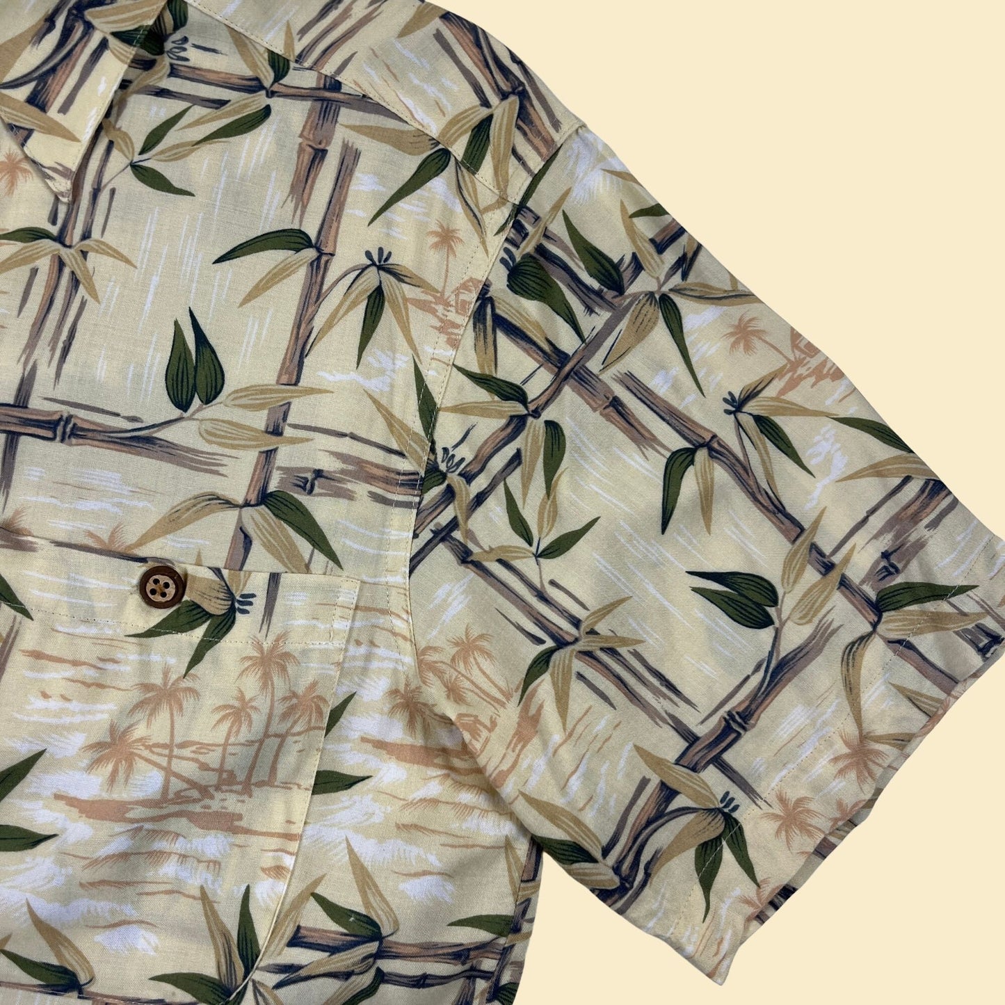 1990s S bamboo shirt by M.E. Sport, vintage men's rayon button down yellow leaf patterned top