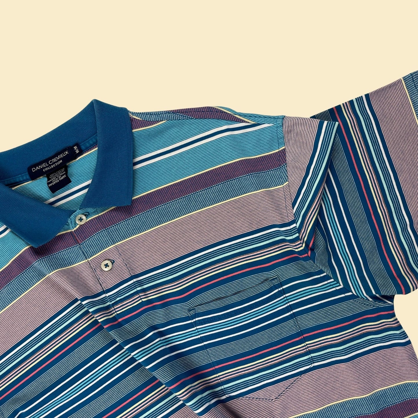 90s/Y2K striped M polo shirt by Daniel Cremieux, vintage striped blue/pink short sleeve men's top