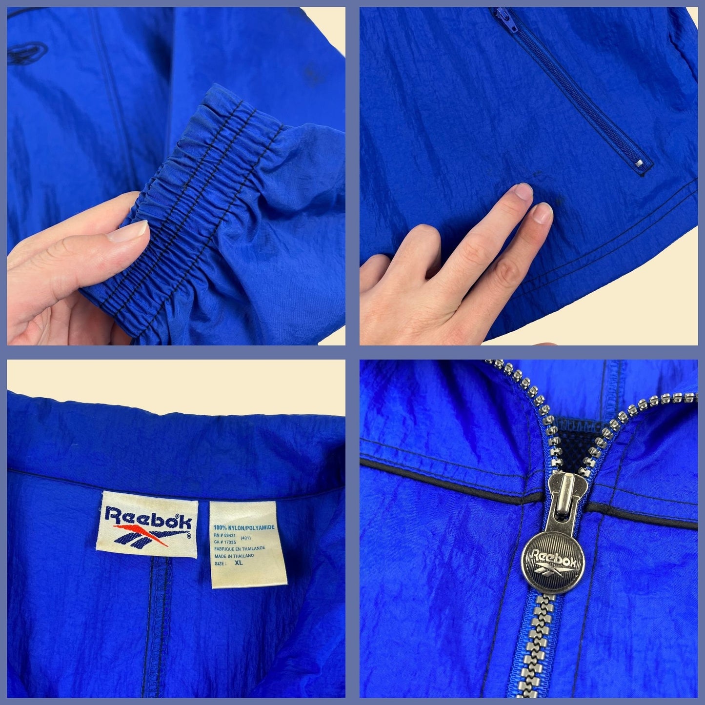 90s XL Reebok windbreaker, vintage blue & black zip up nylon track jacket