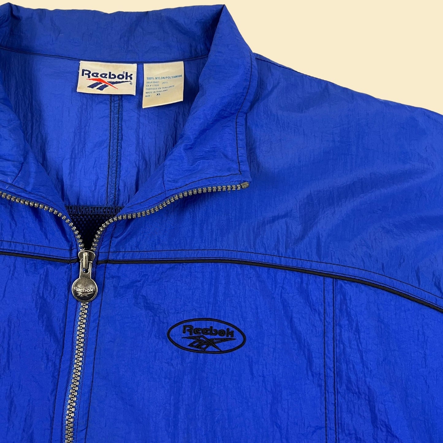 90s XL Reebok windbreaker, vintage blue & black zip up nylon track jacket