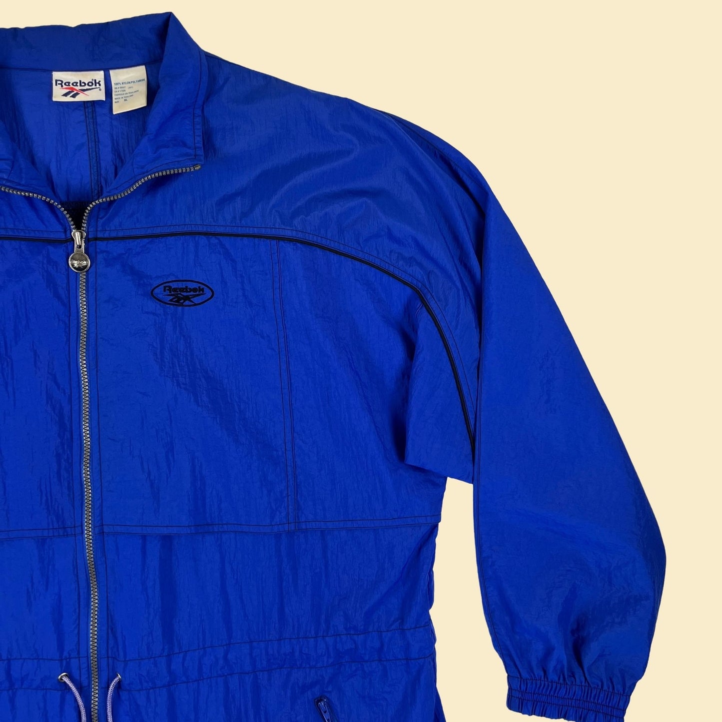 90s XL Reebok windbreaker, vintage blue & black zip up nylon track jacket