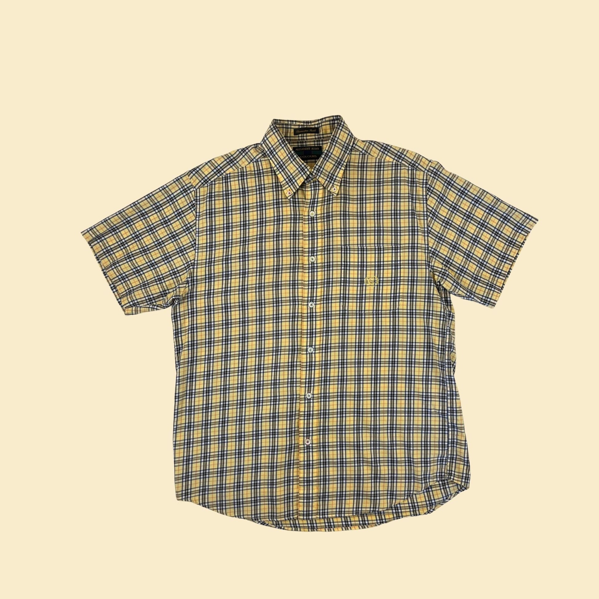 90s/Y2K yellow L shirt by Alexander Julian Colours, vintage plaid men's casual button down top