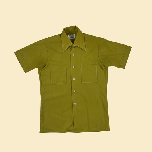 1970s S green shirt by Alexander's, vintage men's lime green button down short sleeve top