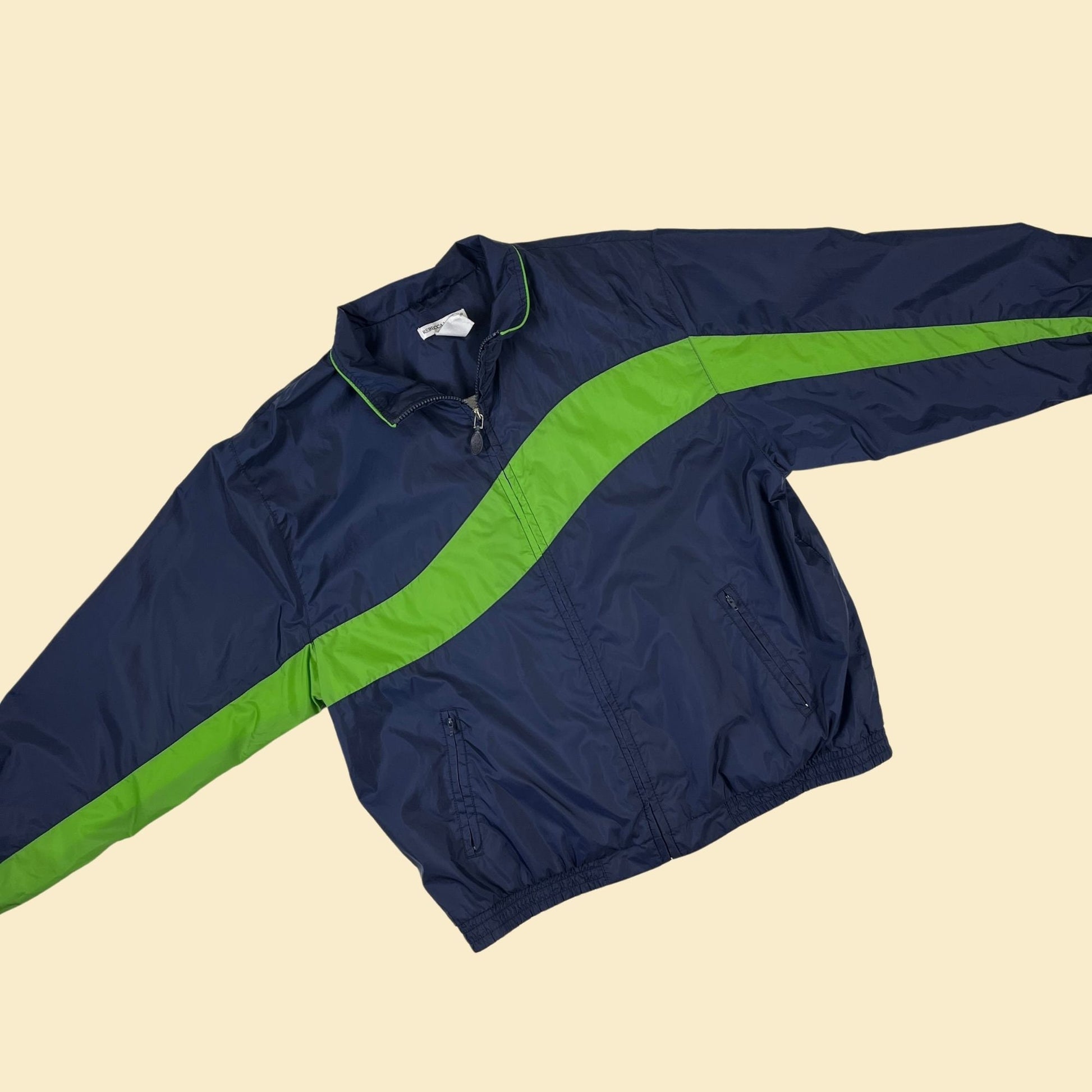 90s/Y2K windbreaker jacket, vintage XL women's blue & green zip up windbreaker by Rebecca Malone