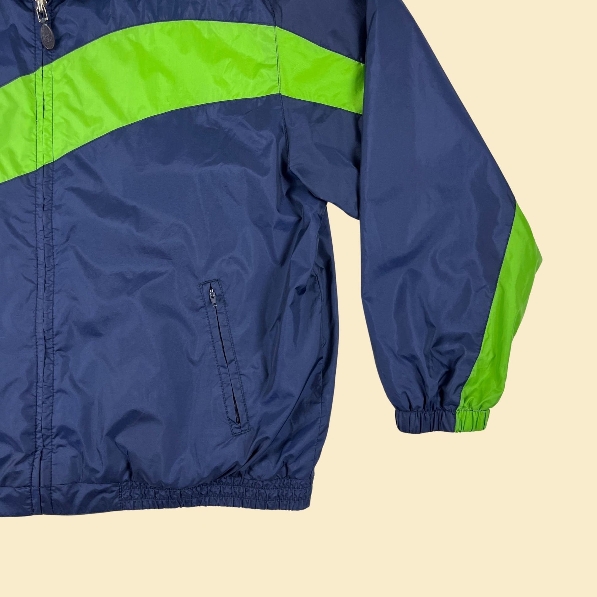 90s/Y2K windbreaker jacket, vintage XL women's blue & green zip up windbreaker by Rebecca Malone