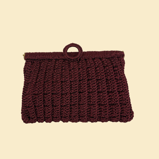 1970s burgundy knit handbag, vintage 70s knit clutch bag