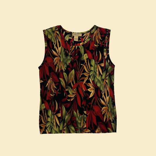 1990s S pleated tank top w/ floral pattern by Plissé, vintage burgundy/green leaf patterned sleeveless blouse