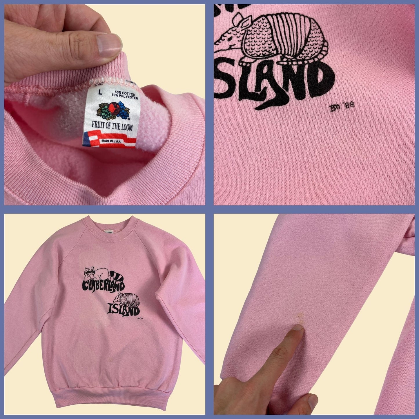 1980s L pink crewneck w/ racoon, armadillo & Cumberland Island (GA) print, vintage 70s Fruit of the Loom sweatshirt