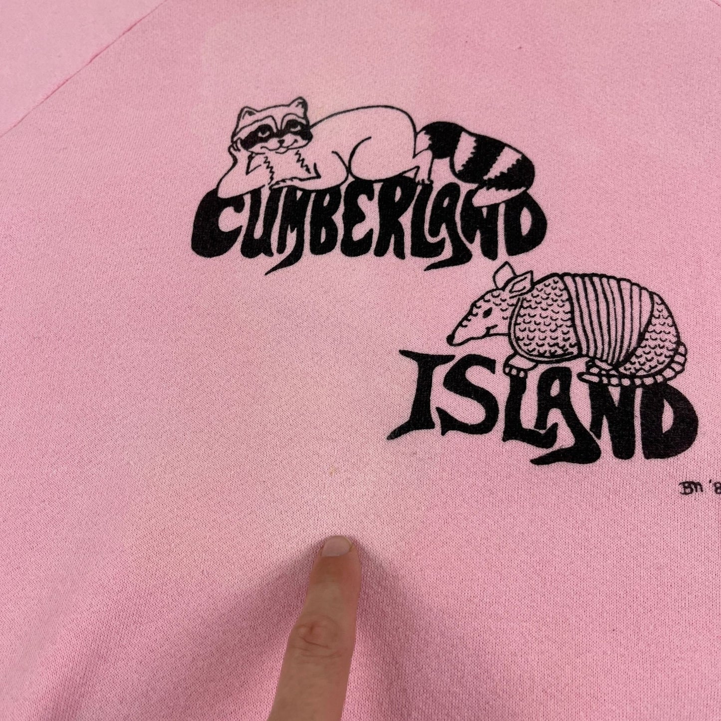 1980s L pink crewneck w/ racoon, armadillo & Cumberland Island (GA) print, vintage 70s Fruit of the Loom sweatshirt