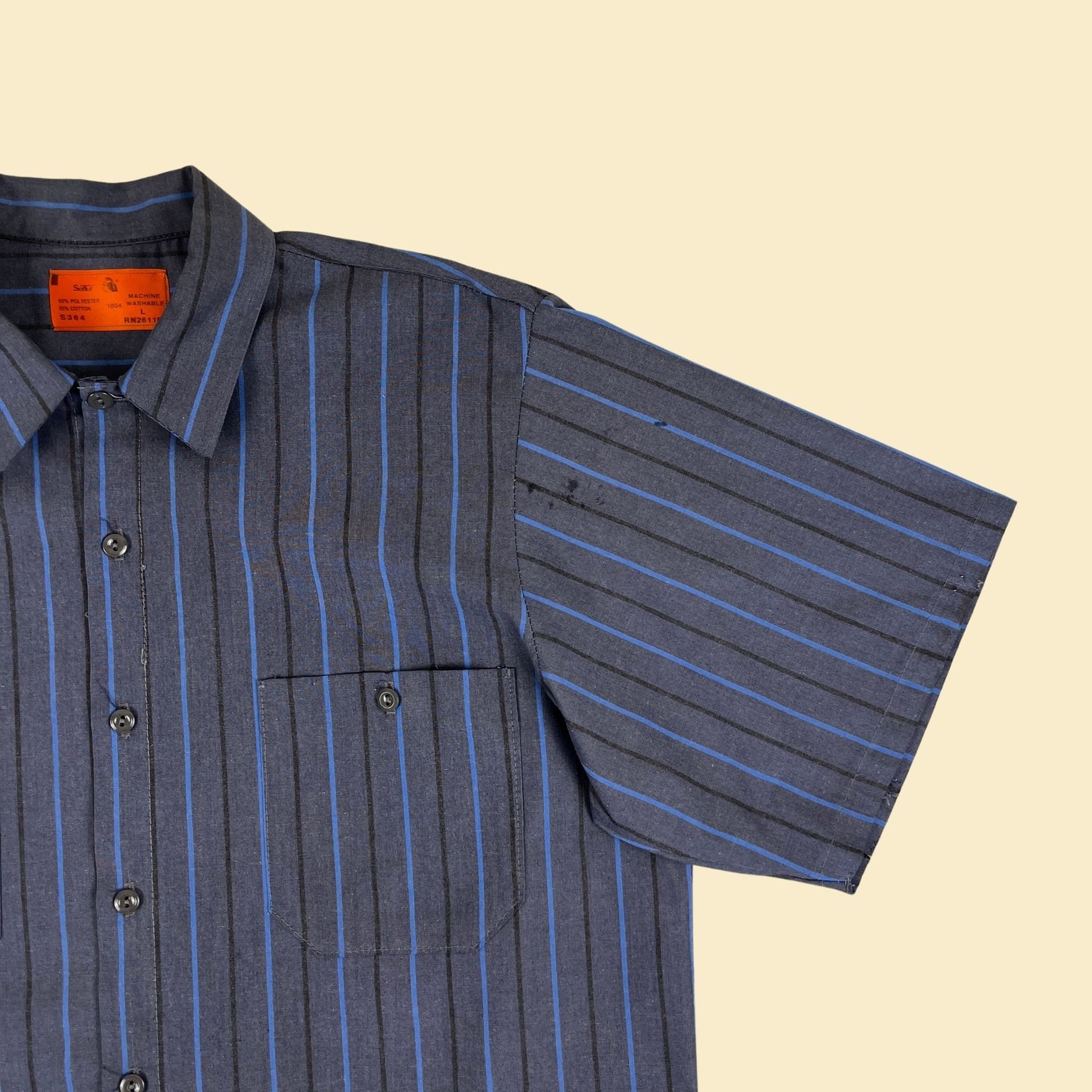 1980s L striped workwear shirt by Softuf, vintage 80s blue & black men's button down work top