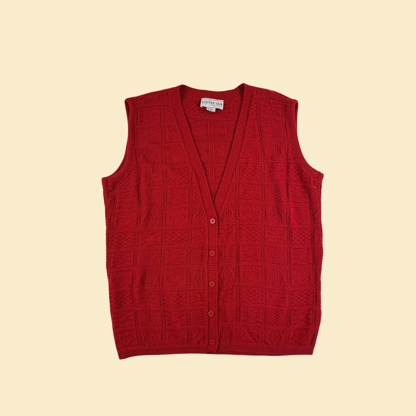 1980s red sweater vest, vintage size 1X solid red women's knit button up sleeveless sweater by Bedford Fair