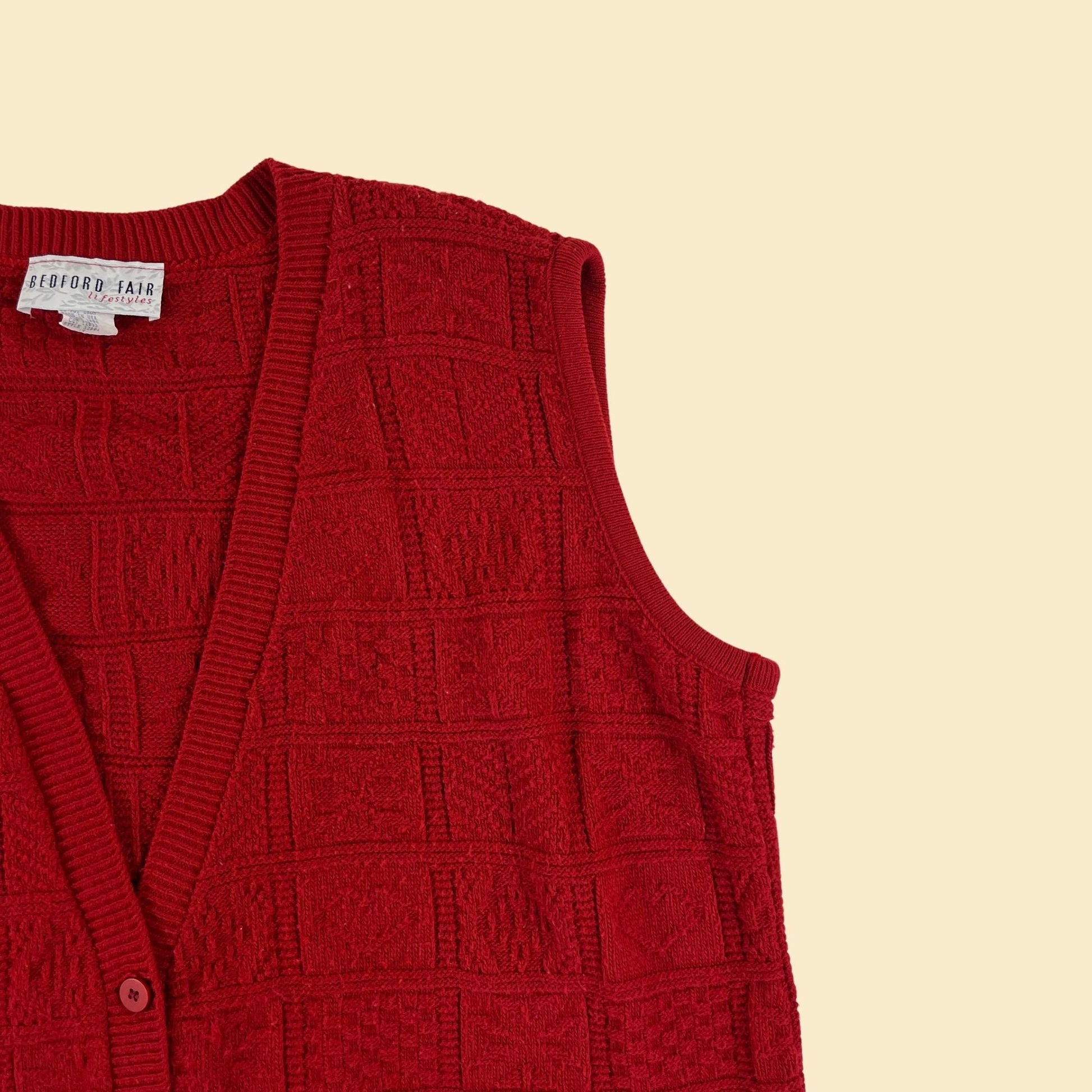 1980s red sweater vest, vintage size 1X solid red women's knit button up sleeveless sweater by Bedford Fair