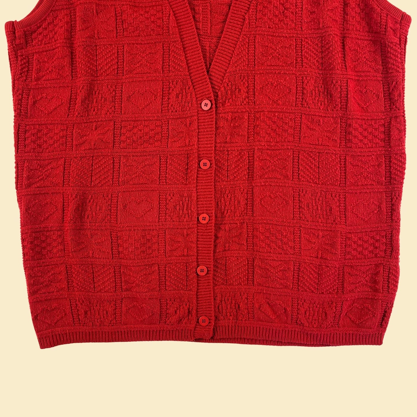 1980s red sweater vest, vintage size 1X solid red women's knit button up sleeveless sweater by Bedford Fair