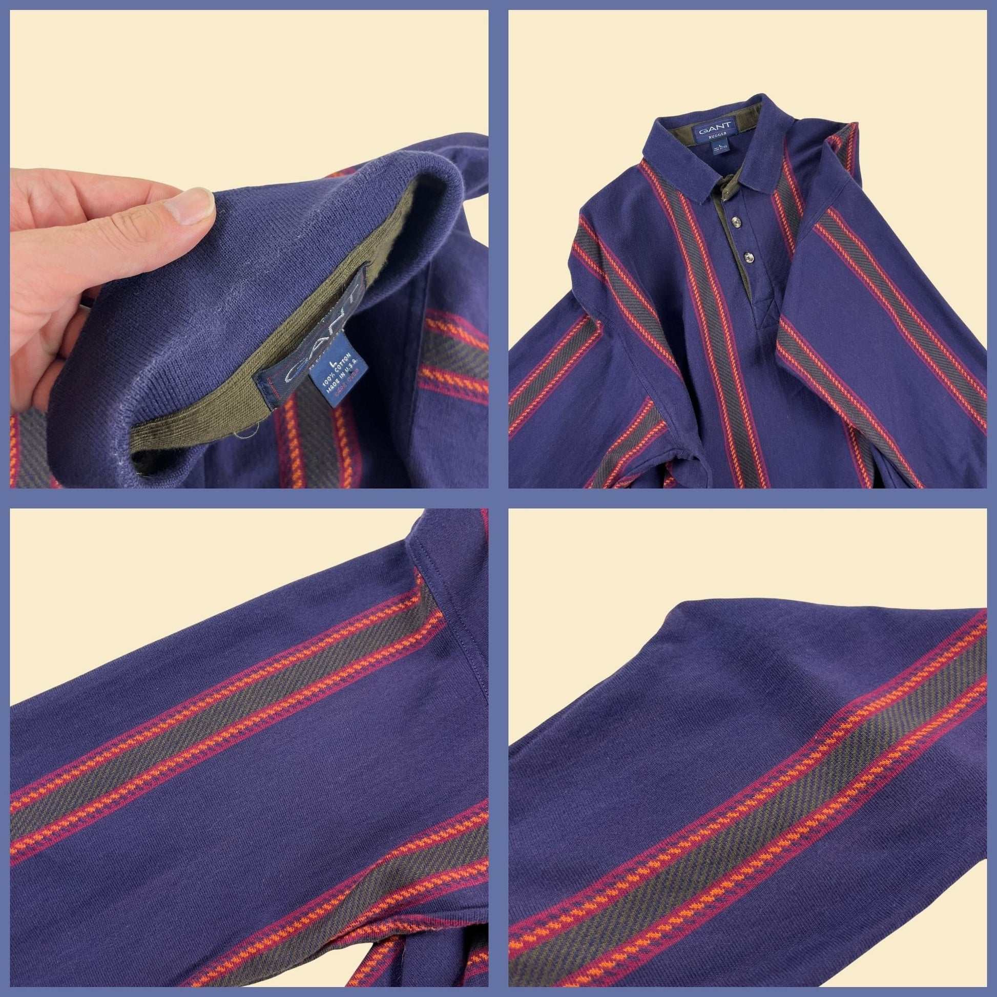 1990s L purple polo shirt by GANT, vintage striped men's purple, green & orange streetwear shirt