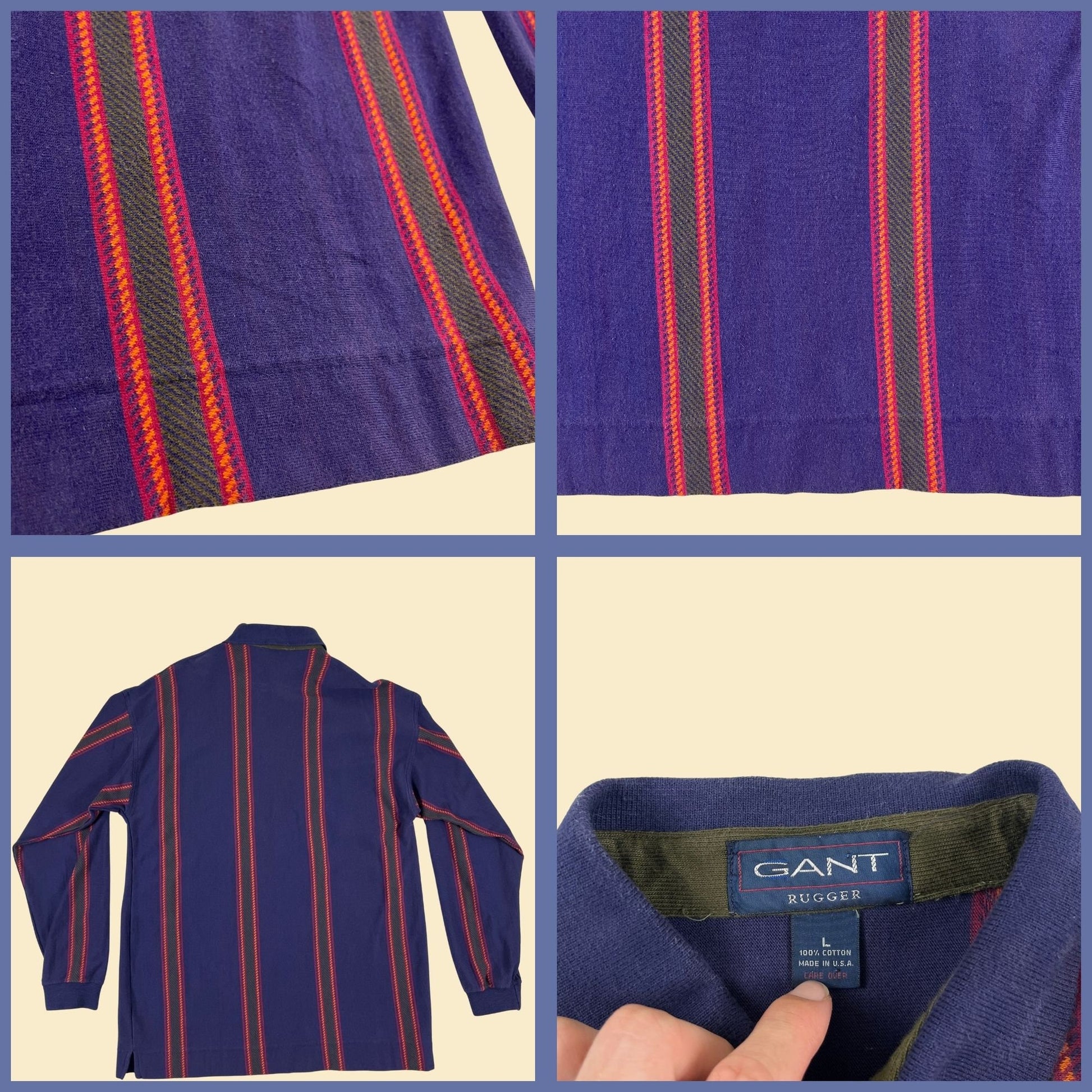 1990s L purple polo shirt by GANT, vintage striped men's purple, green & orange streetwear shirt