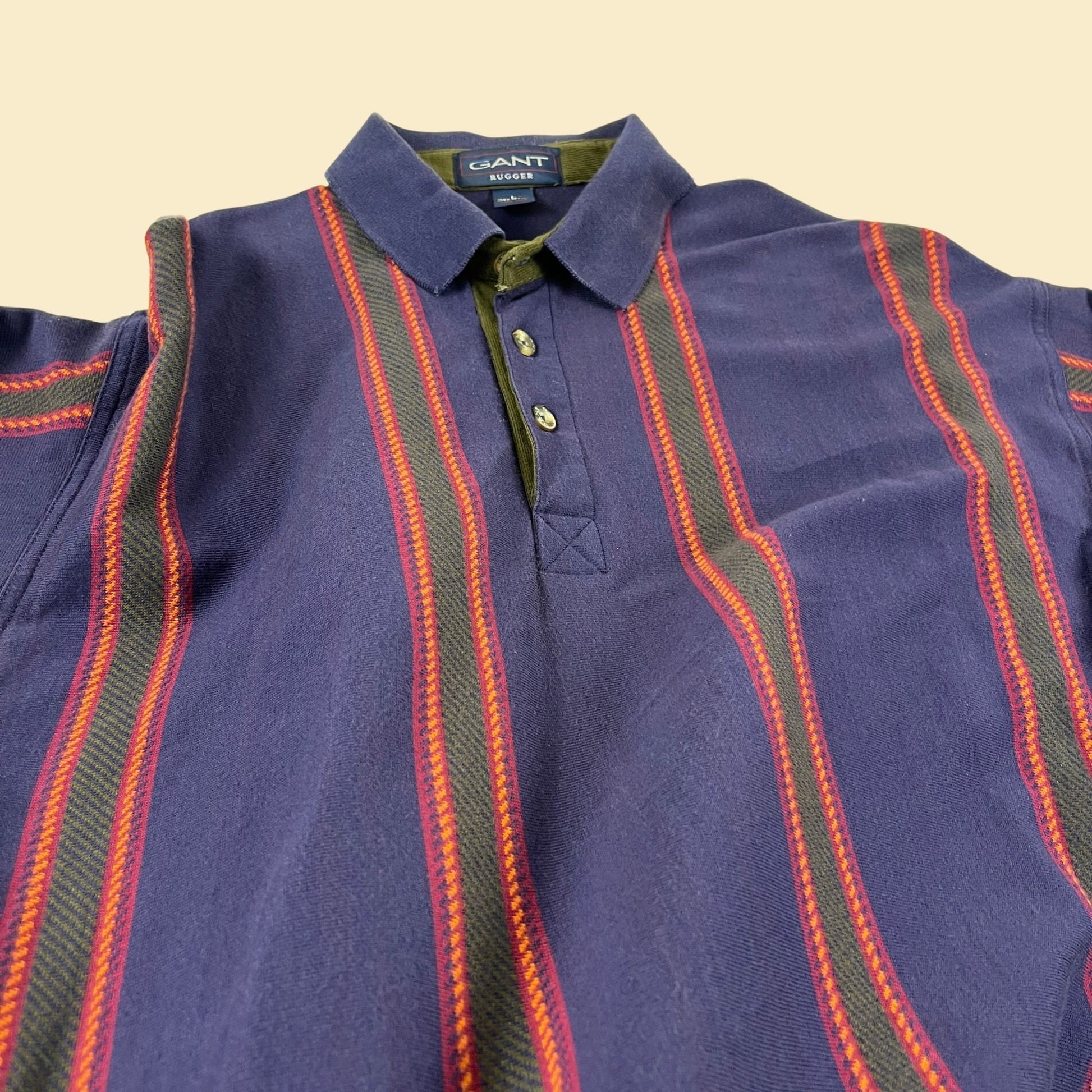 1990s L purple polo shirt by GANT, vintage striped men's purple, green & orange streetwear shirt