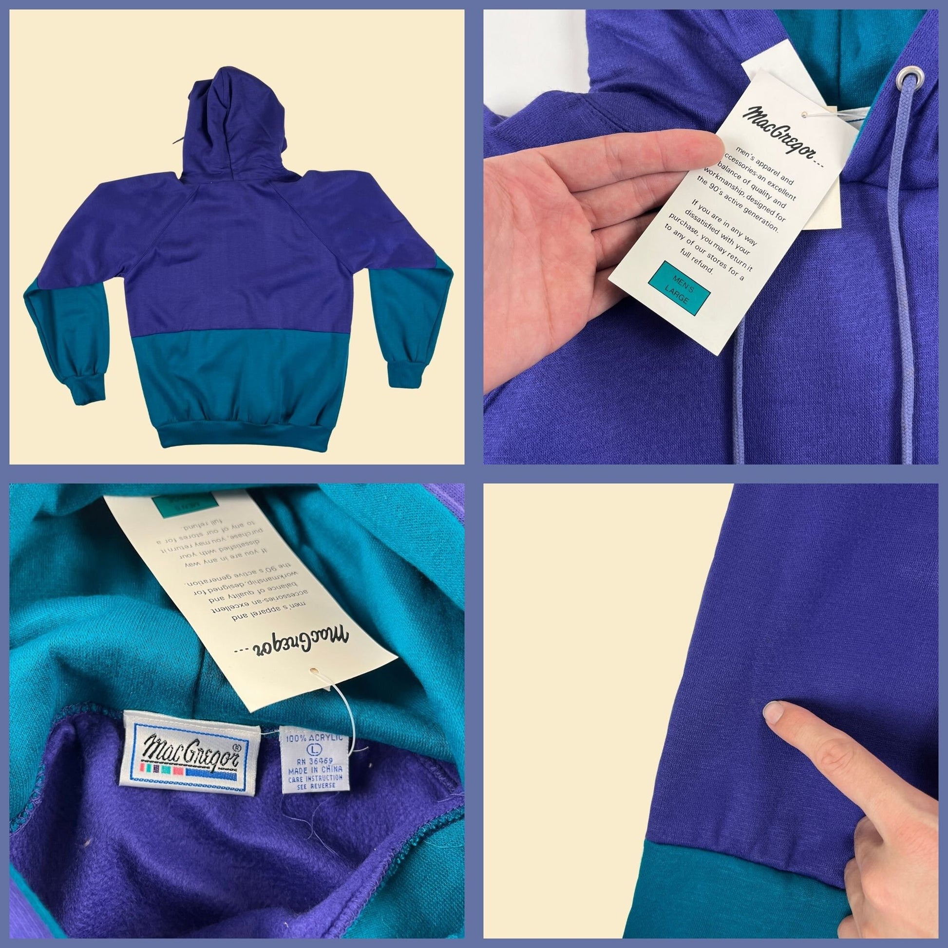 90s L purple & teal hoodie by MacGregor, New Old Stock w/ tags, vintage men's color block hooded jacket