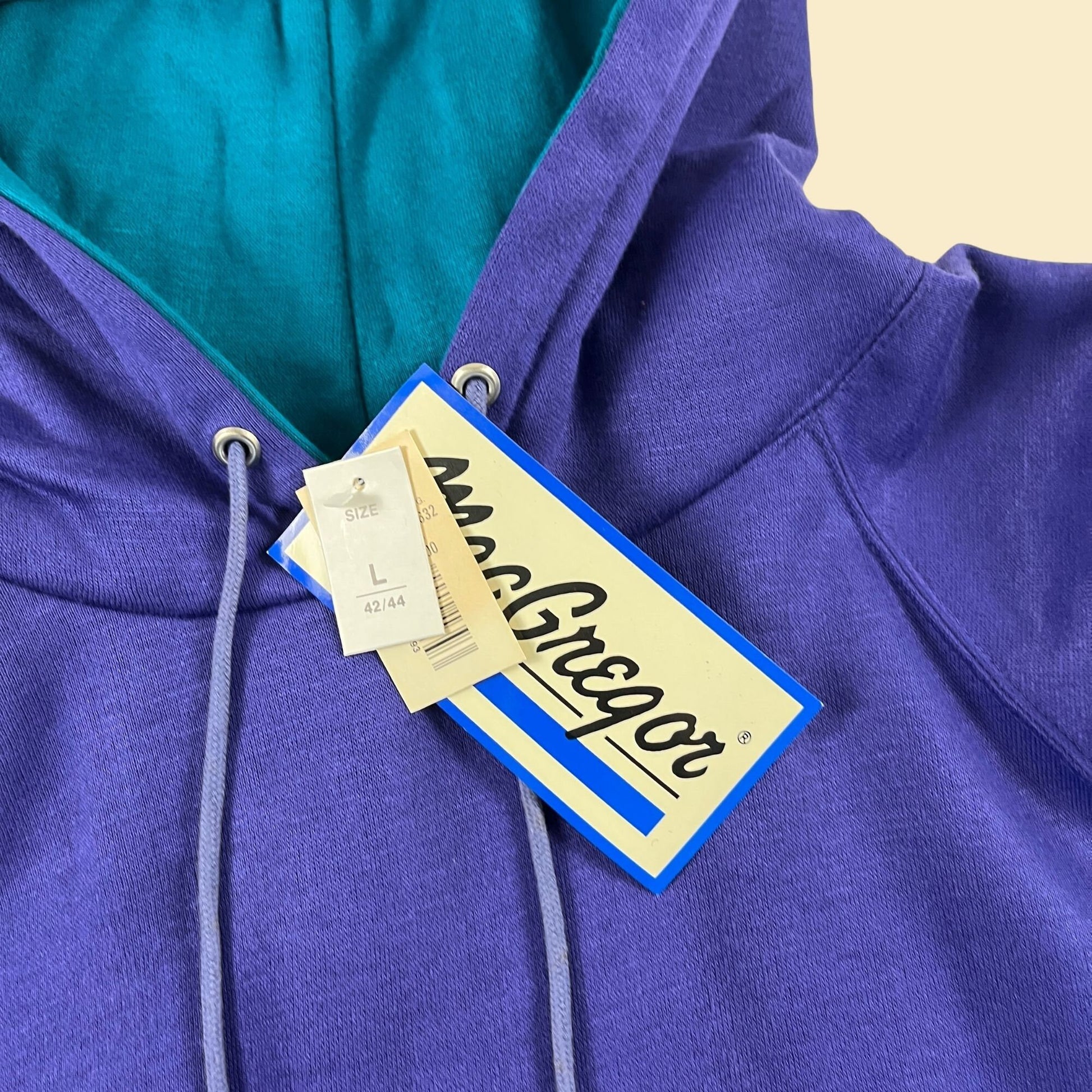 90s L purple & teal hoodie by MacGregor, New Old Stock w/ tags, vintage men's color block hooded jacket