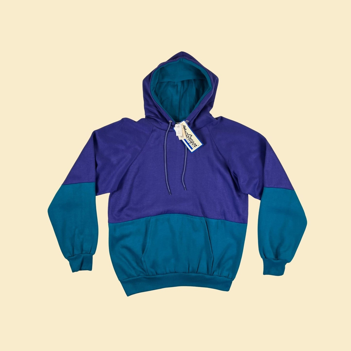 90s L purple & teal hoodie by MacGregor, New Old Stock w/ tags, vintage men's color block hooded jacket