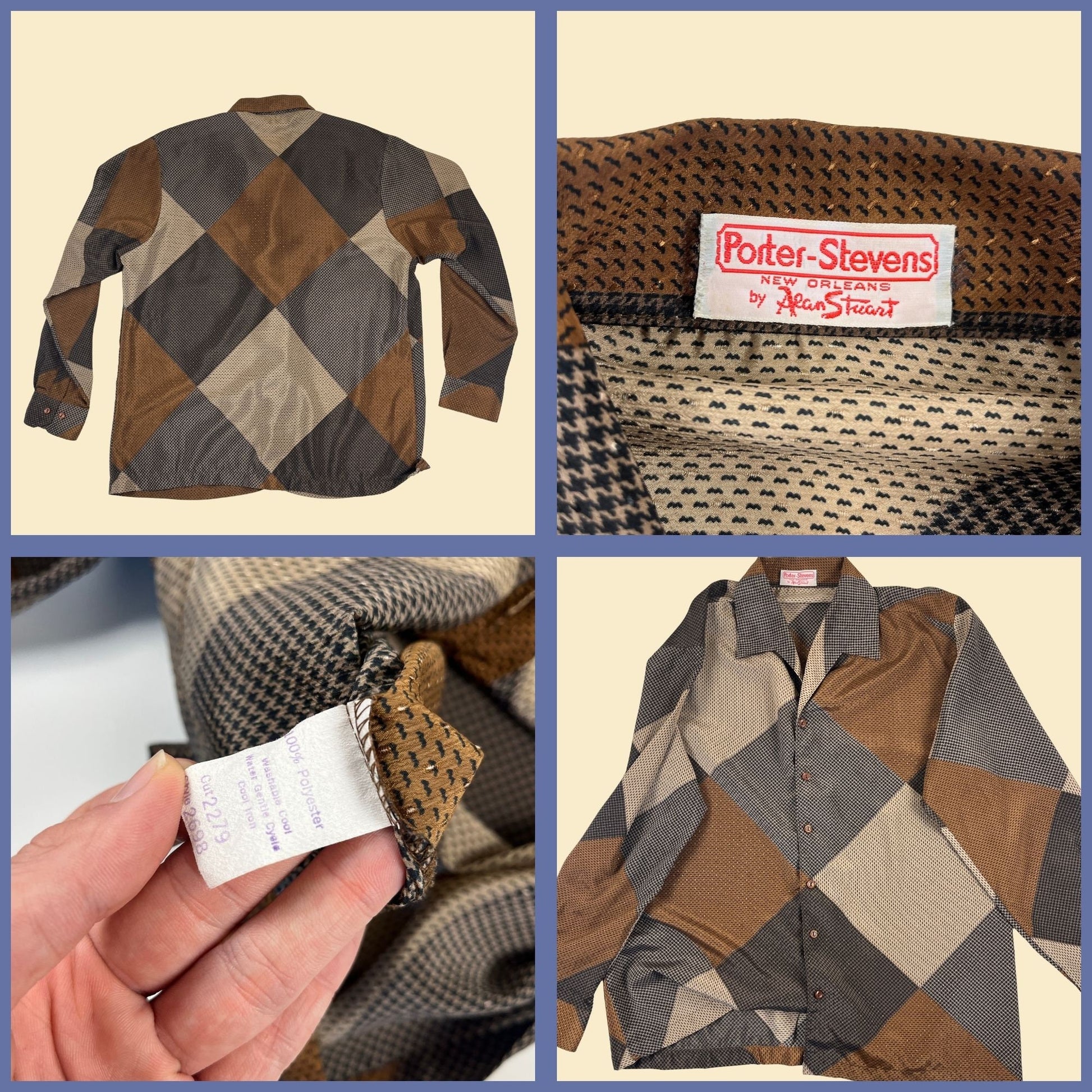 60s/70s geometric shirt by Porter Stevens by Alan Stuart, vintage size L to XL brown/beige men's button down