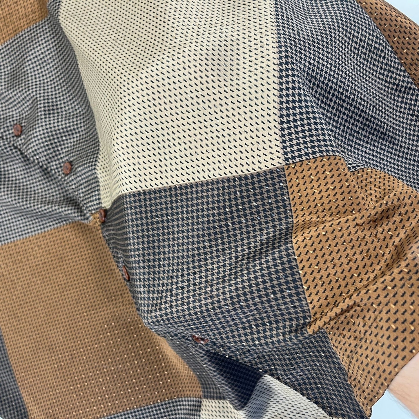 60s/70s geometric shirt by Porter Stevens by Alan Stuart, vintage size L to XL brown/beige men's button down