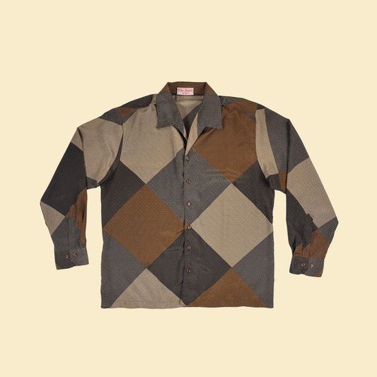 60s/70s geometric shirt by Porter Stevens by Alan Stuart, vintage size L to XL brown/beige men's button down