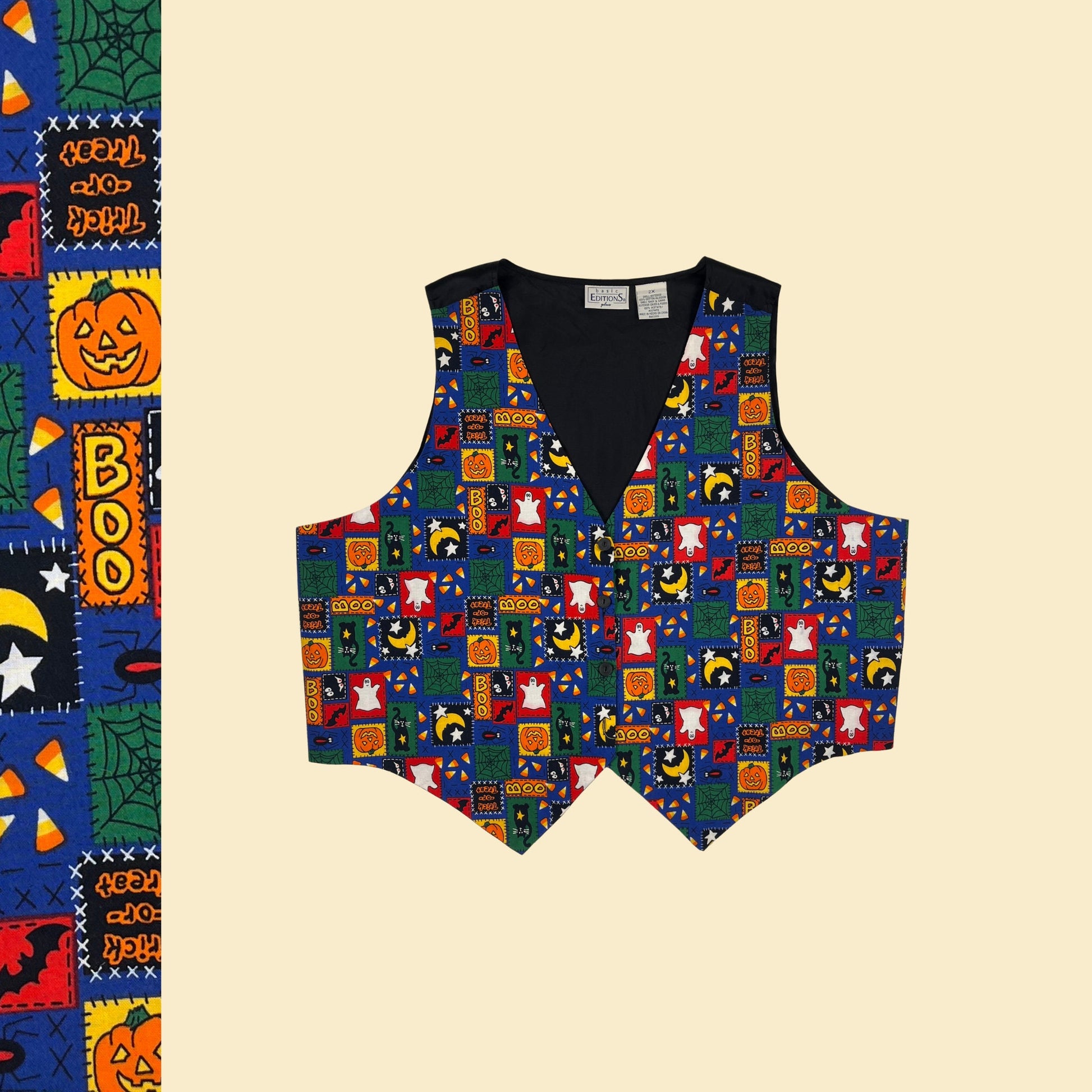 90s Halloween vest, size 2X vintage button down ghost & pumpkin geometric vest