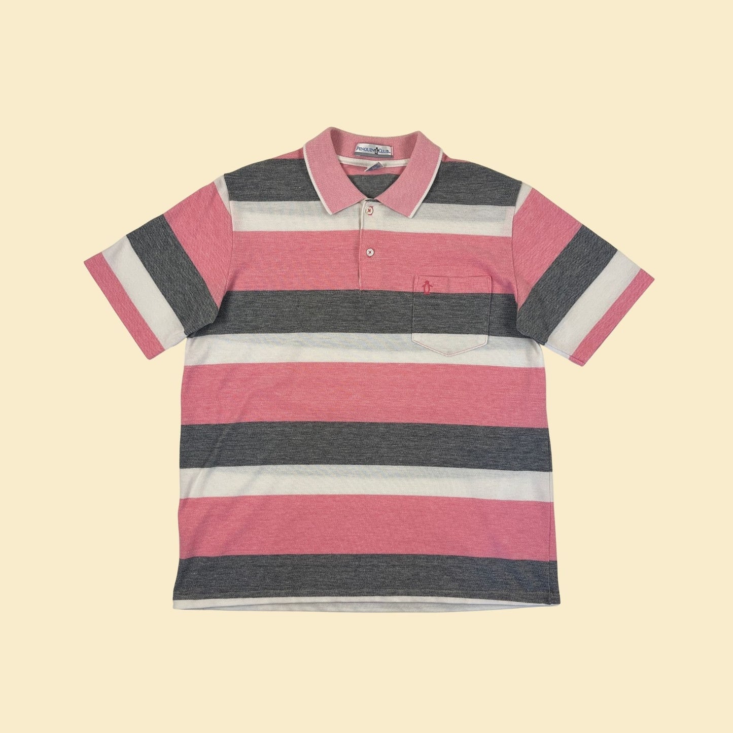 90s L pink polo shirt by Penguin Club, vintage pink & grey striped men's short sleeve top