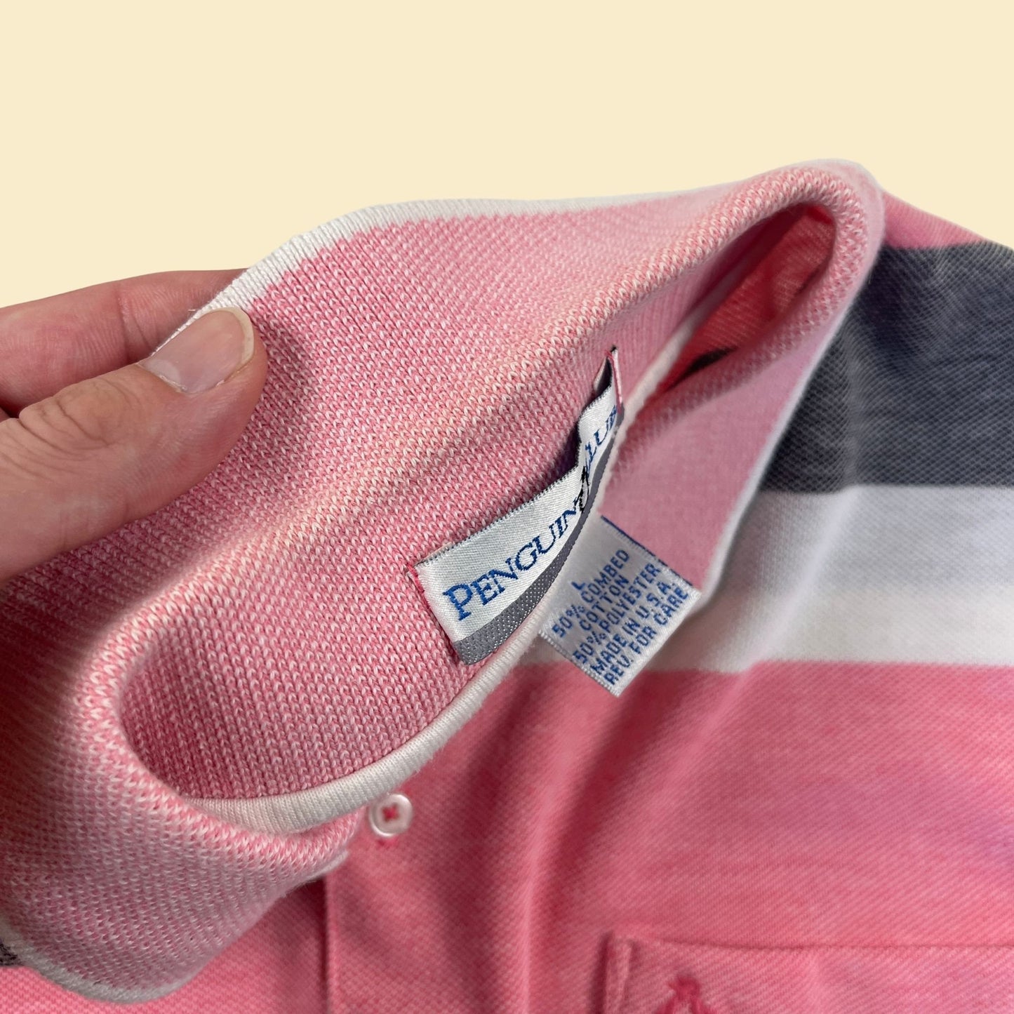 90s L pink polo shirt by Penguin Club, vintage pink & grey striped men's short sleeve top