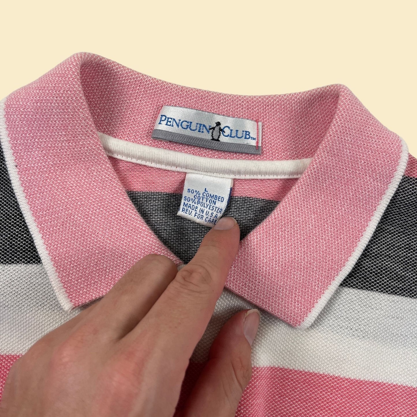 90s L pink polo shirt by Penguin Club, vintage pink & grey striped men's short sleeve top