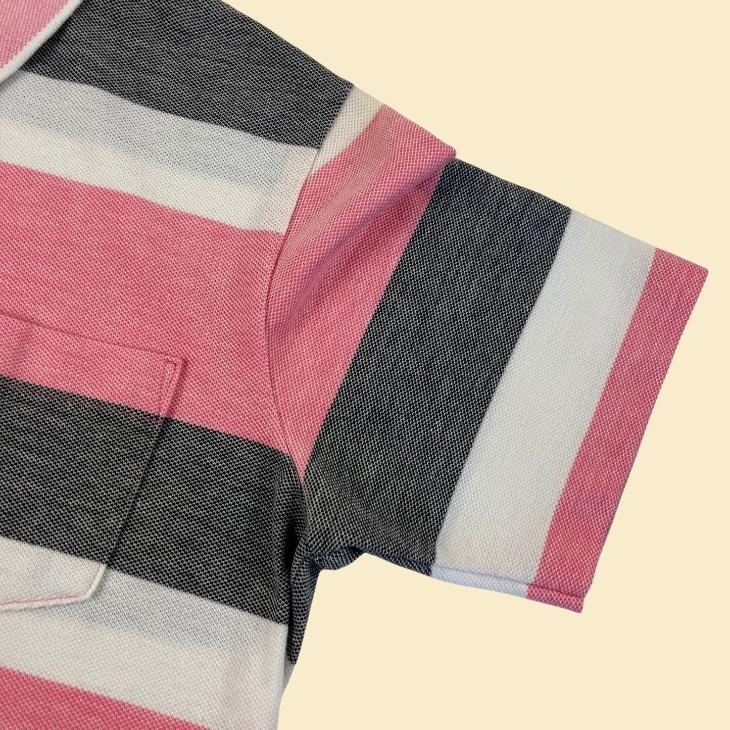 90s L pink polo shirt by Penguin Club, vintage pink & grey striped men's short sleeve top