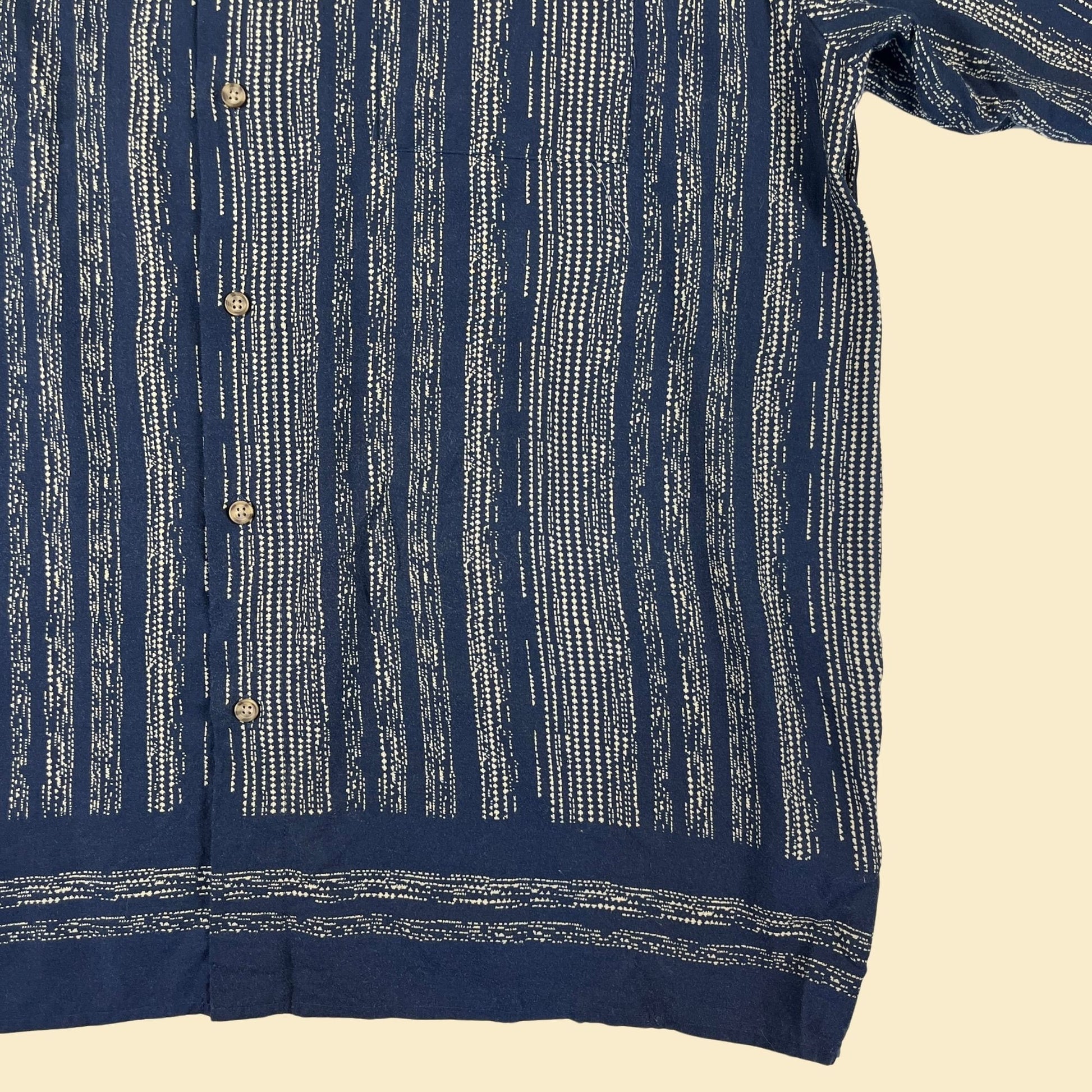 90s XL blue abstract shirt, vintage men's novelty print blue & beige short sleeve button down by Puritan