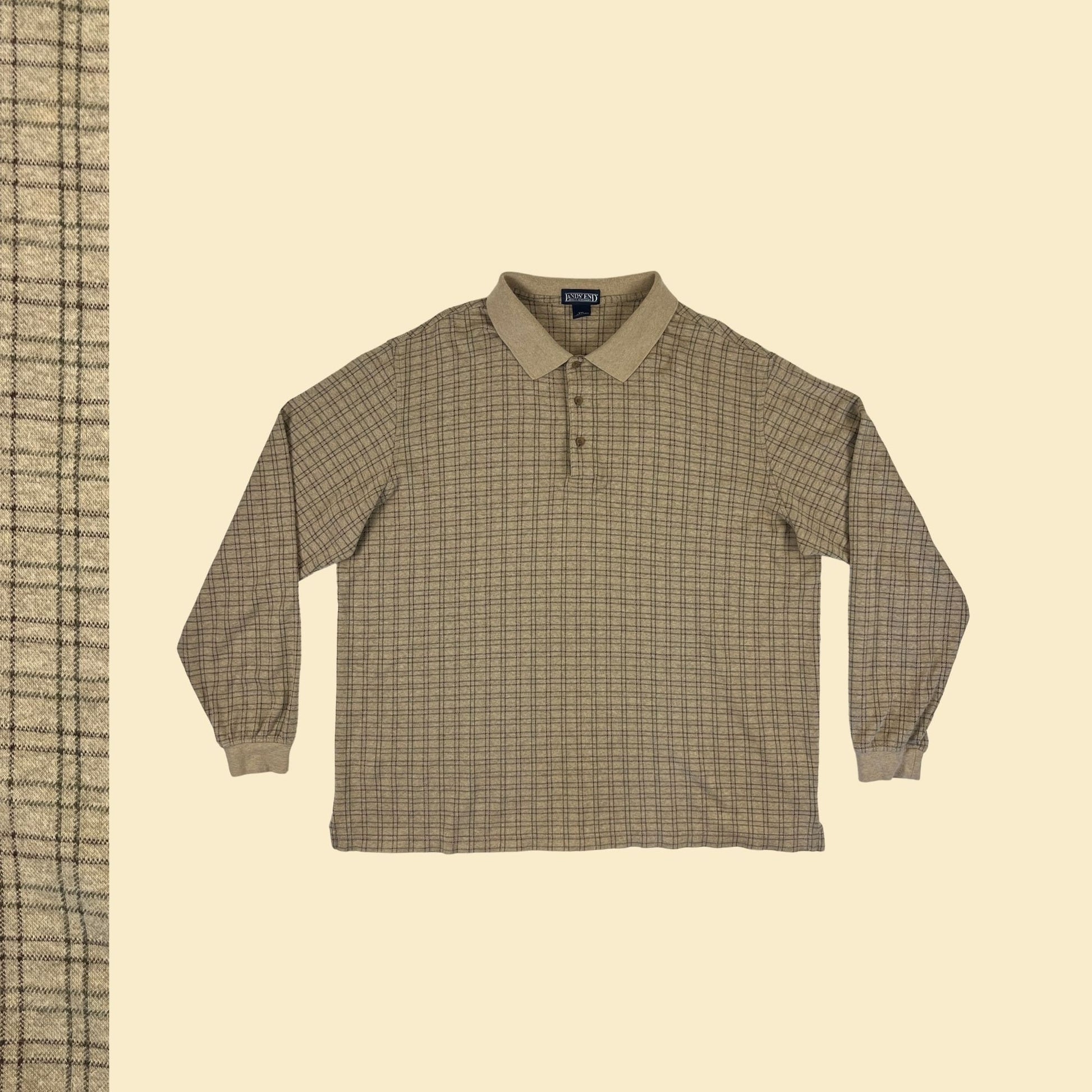 90s Lands' End XXL polo shirt, vintage beige & green grid/geometric men's long sleeve cotton shirt