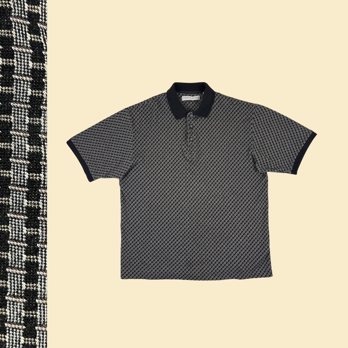 90s L black polo shirt by Henry Grethel, vintage men's black & brown geometric check short sleeve top