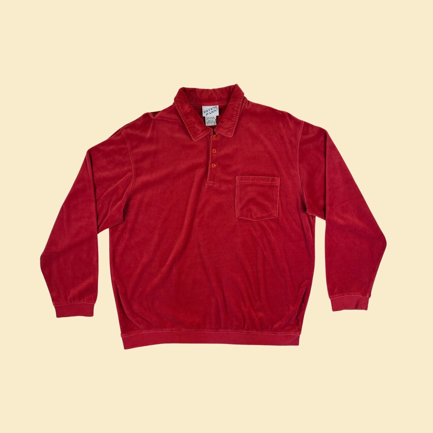 90s XL velour polo shirt, vintage solid red men's long sleeve shirt by Irvine Park