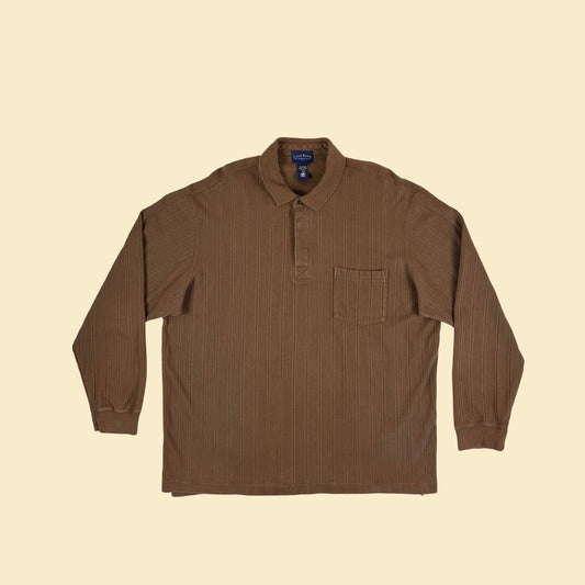 90s XXL ribbed polo shirt by Club Room, vintage solid brown long sleeve men's textured cotton shirt